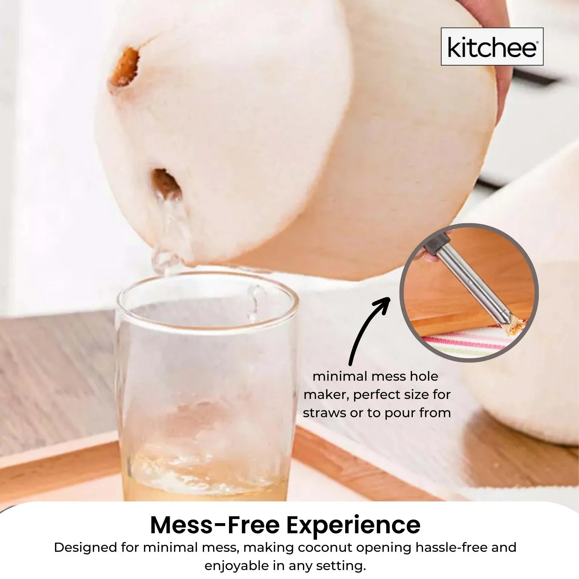 Coconut opener creating a small hole in coconut over a glass, stainless rod close-up