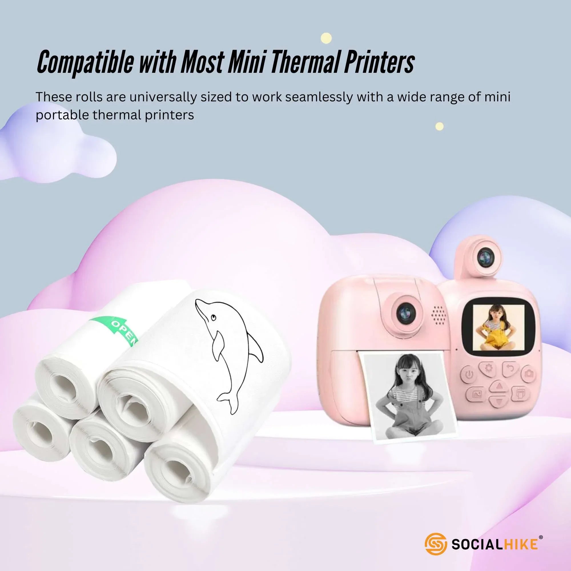 5-pack thermal paper camera rolls, stacked white rolls with whale graphic and green OPEN mark