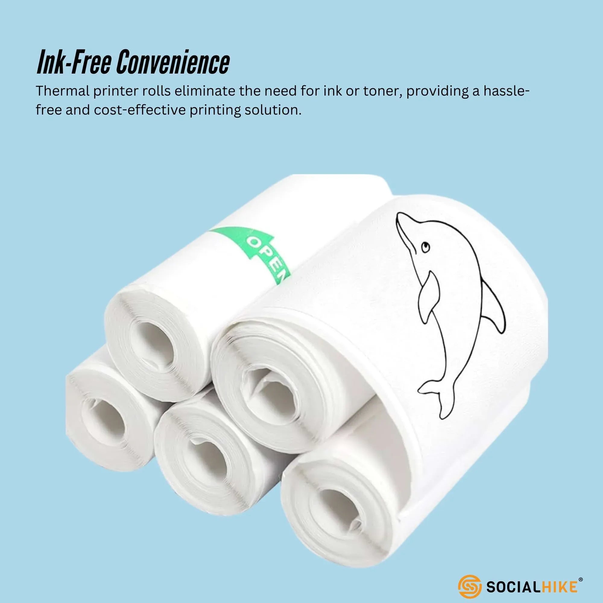 5-pack thermal printer paper rolls, white rolls with whale icon sticker and green OPEN label
