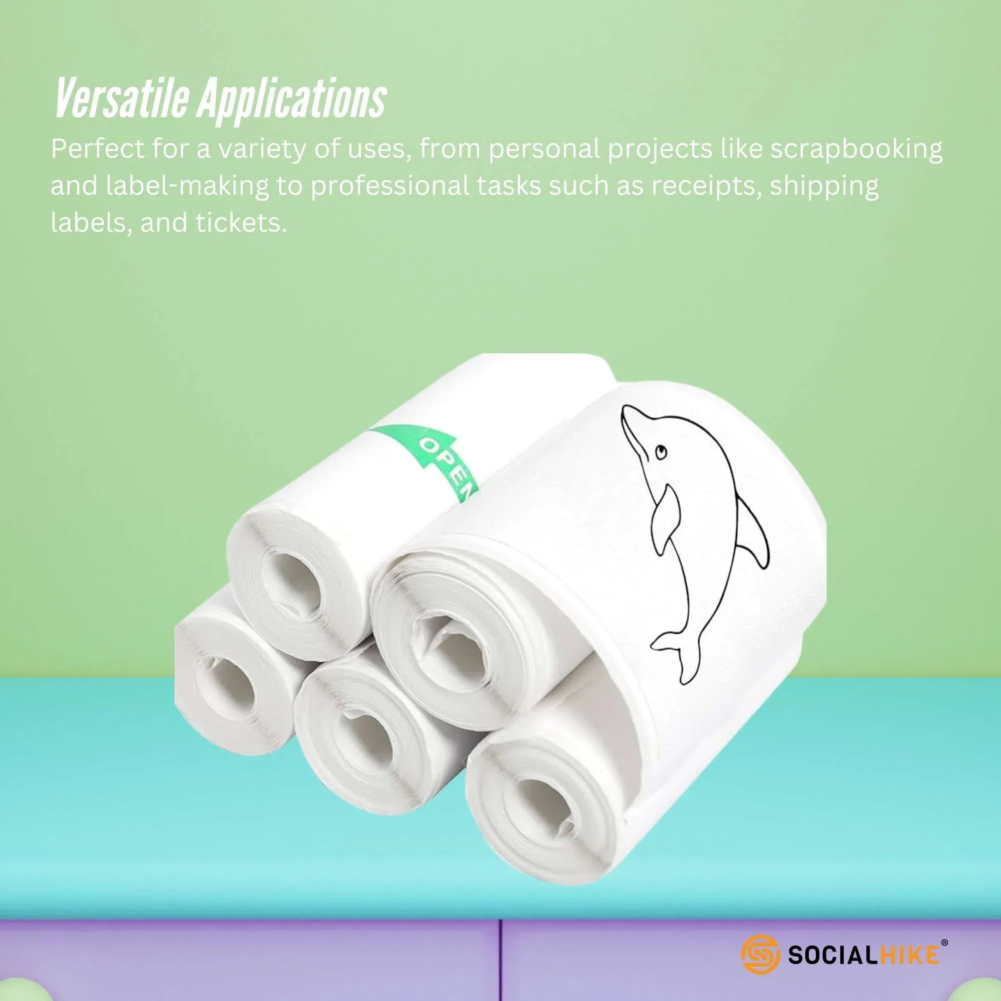 5-pack thermal paper camera roll refill, stacked white rolls with whale icon and green OPEN