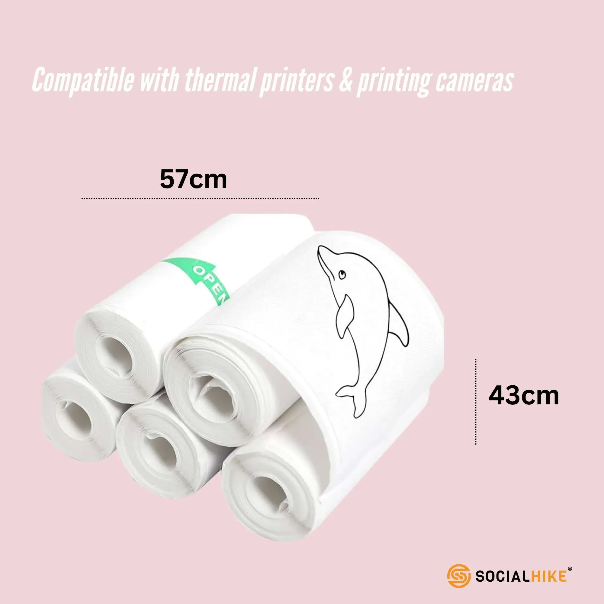 5-pack thermal paper camera rolls, white whale-sticker rolls; 57cm x 43cm size