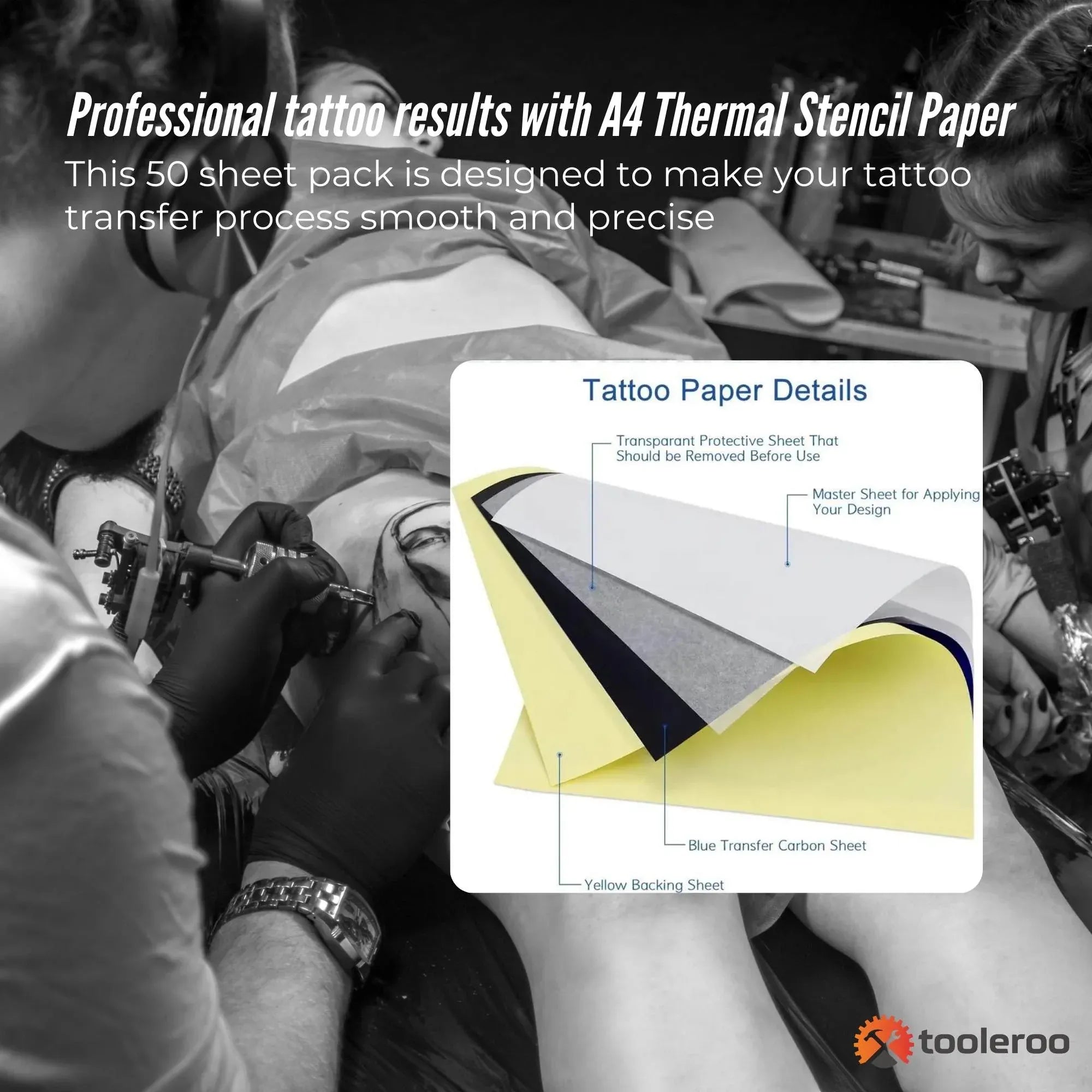 A4 thermal tattoo stencil paper sheets with blue transfer backing and pale yellow layer