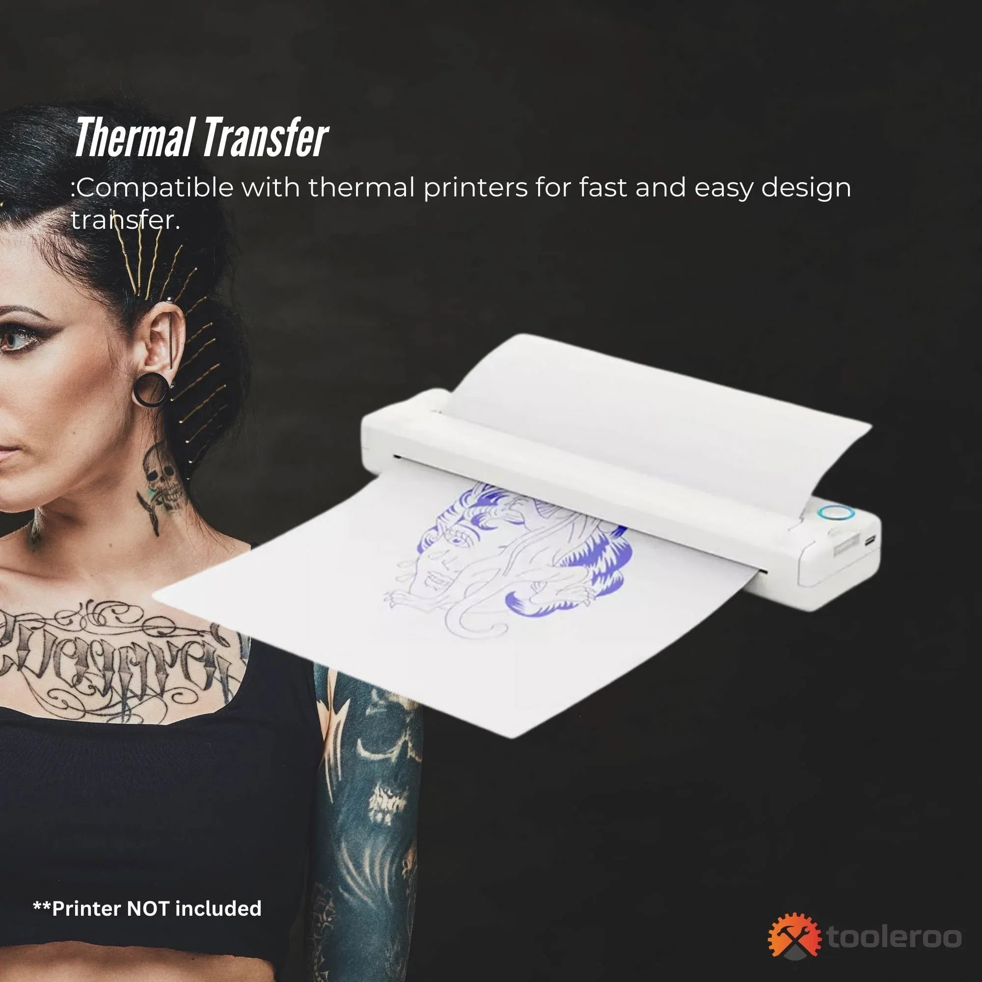 Thermal transfer tattoo paper sheets with a blue stencil design on pale paper