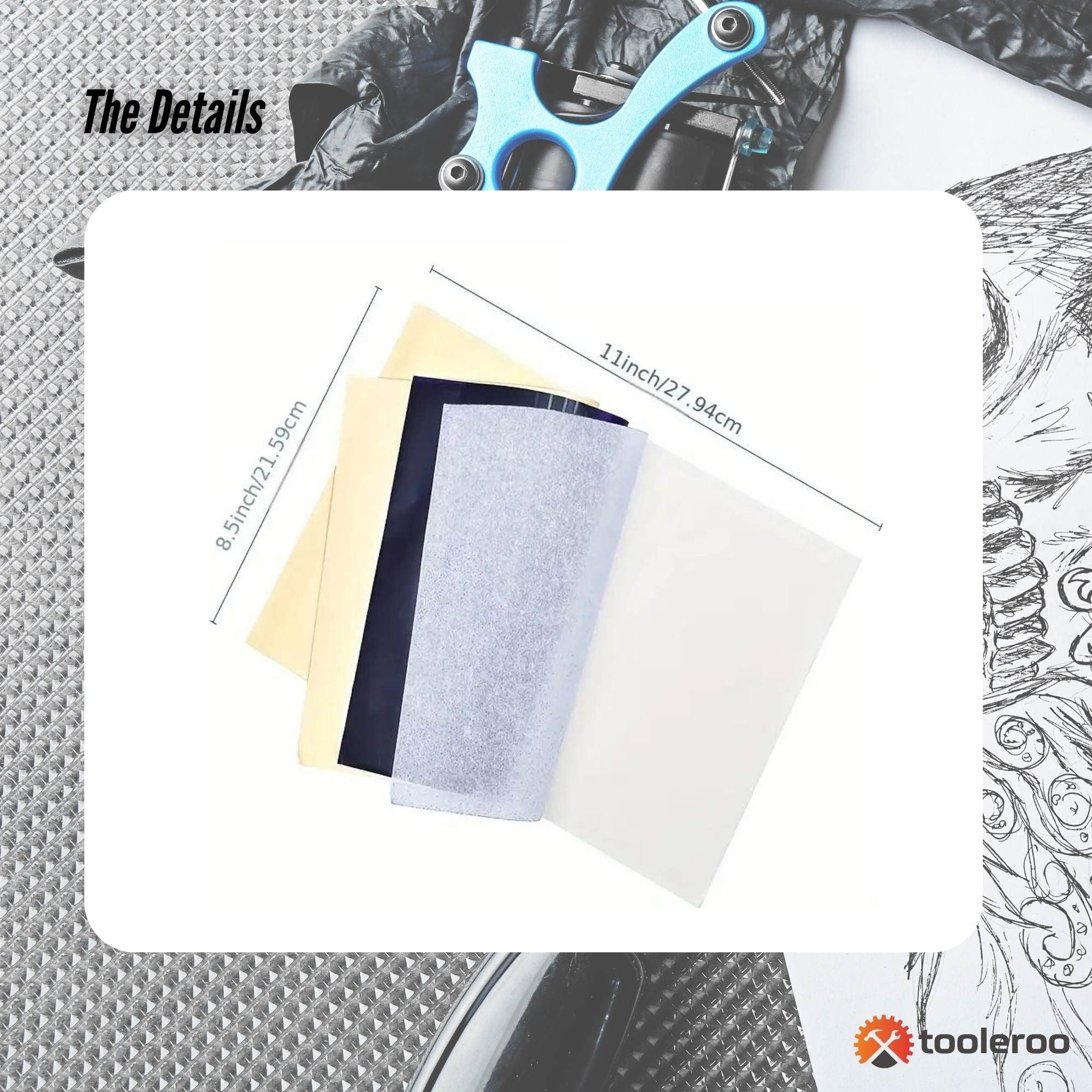 Thermal transfer stencil paper set with layered pale sheets and blue transfer strip