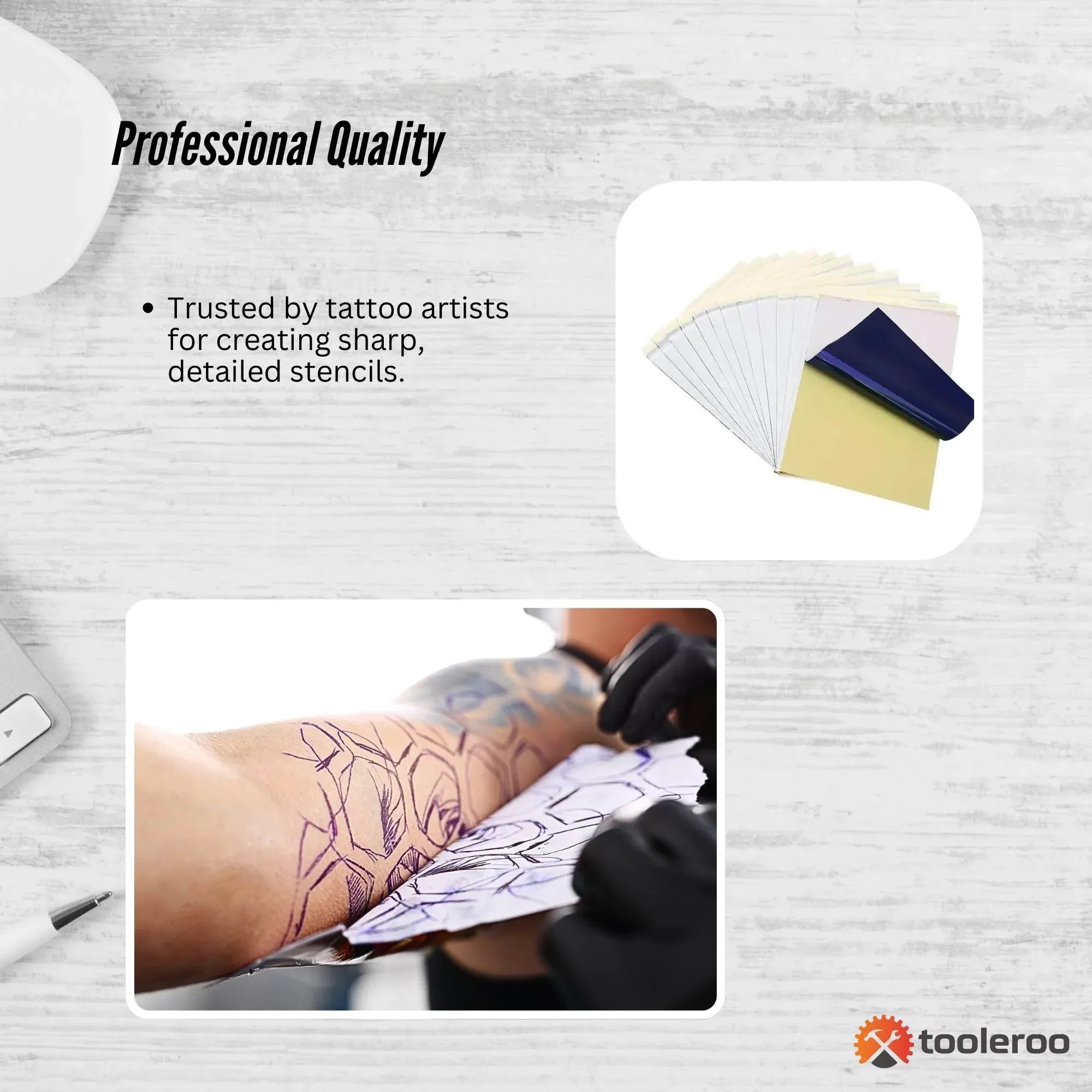 Thermal tattoo stencil paper bundle with stacked sheets and blue transfer backing