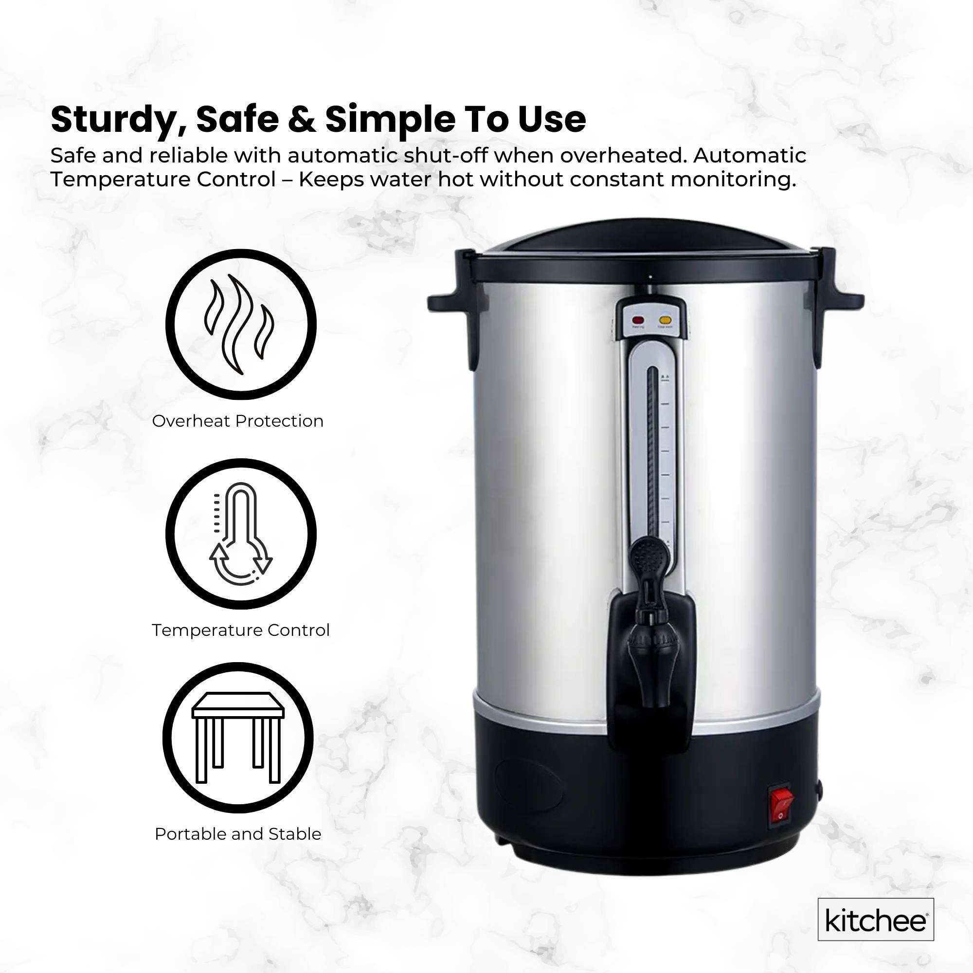 Kitchee 15L Electric Water Boiler - Stainless Steel Commercial Hot Liquid Urn