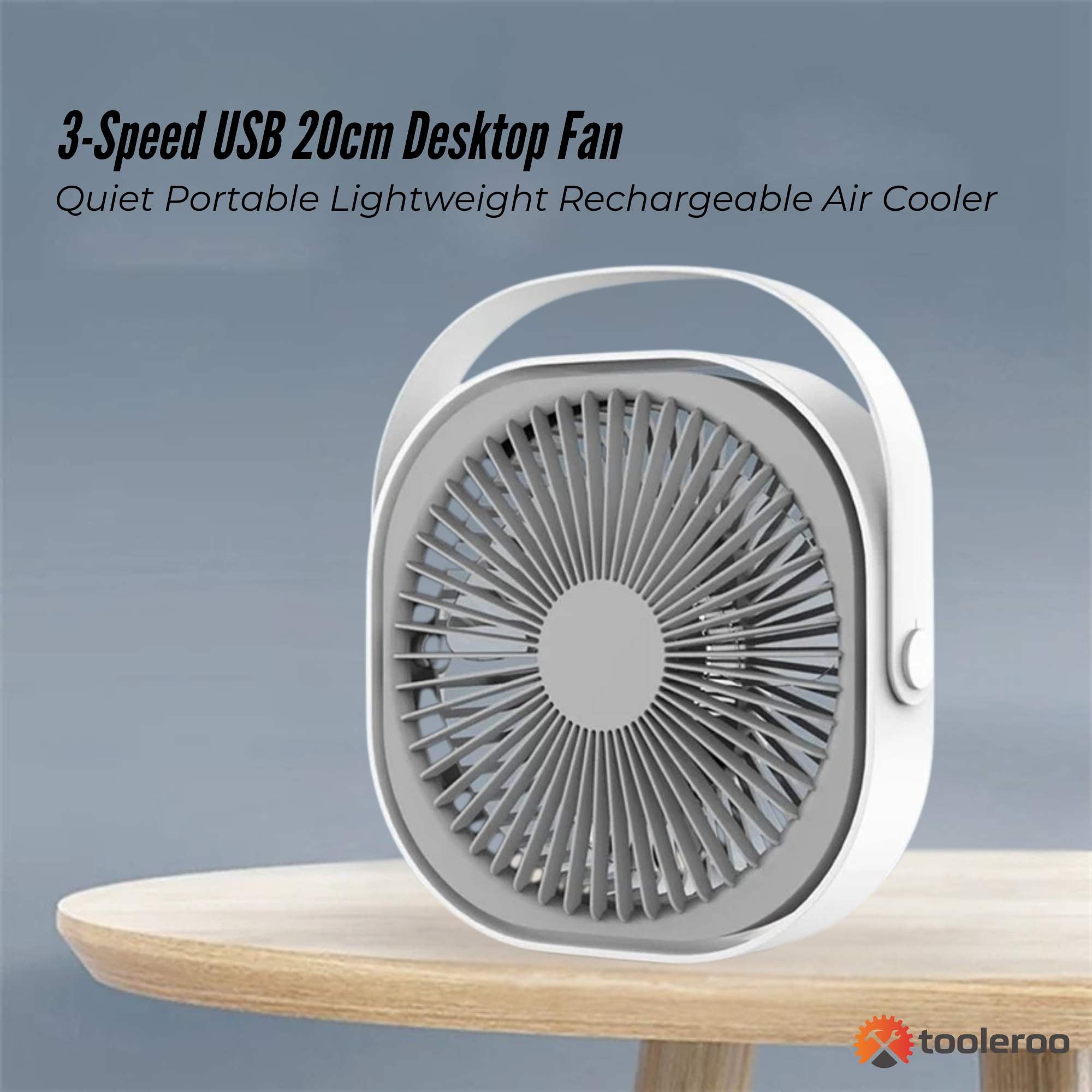3-Speed USB 20cm Desktop Fan – Quiet Portable Lightweight Rechargeable Cooler