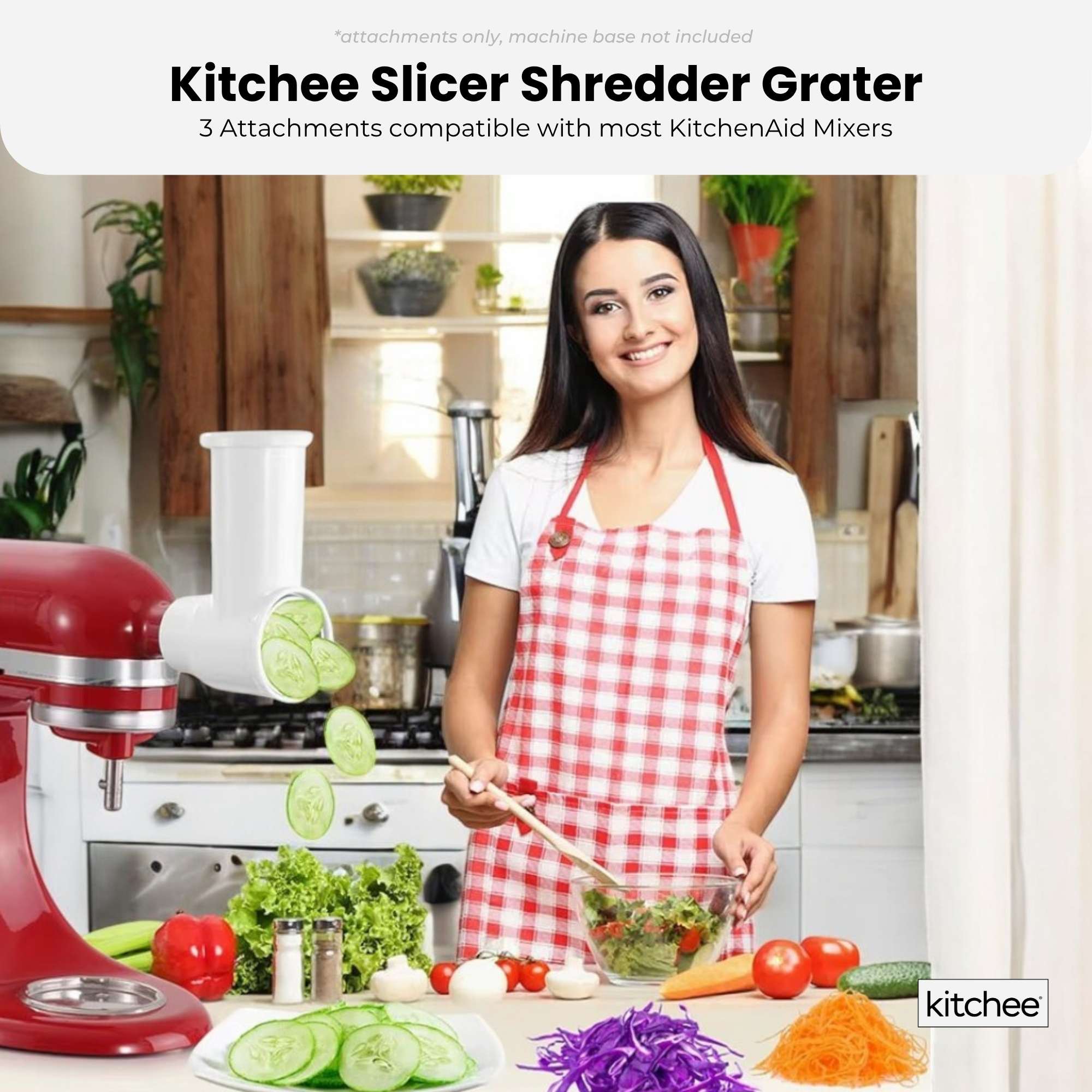 Kitchee Slicer Shredder Grater 3 Attachments - Compatible with KitchenAid Mixer
