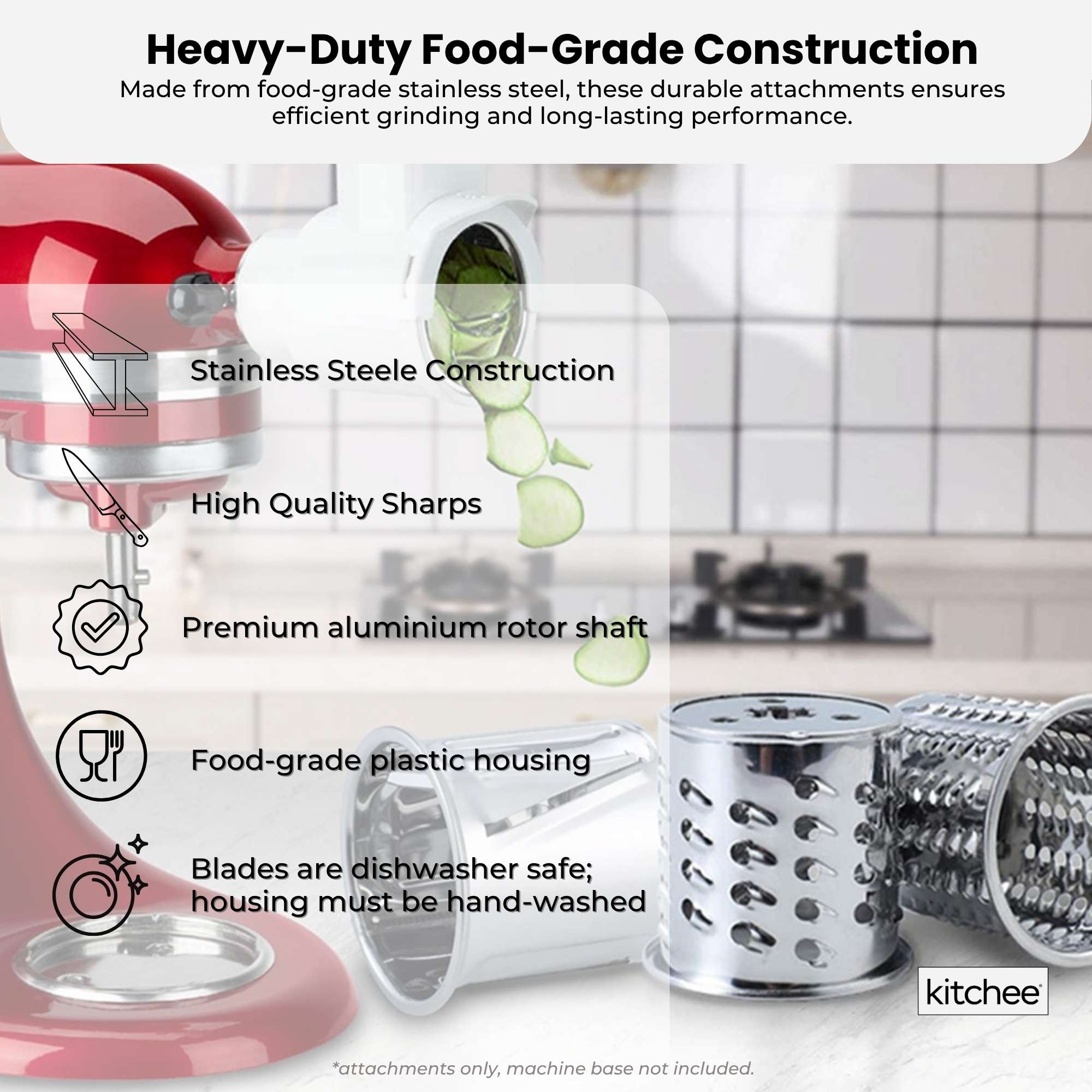 Kitchee Slicer Shredder Grater 3 Attachments - Compatible with KitchenAid Mixer