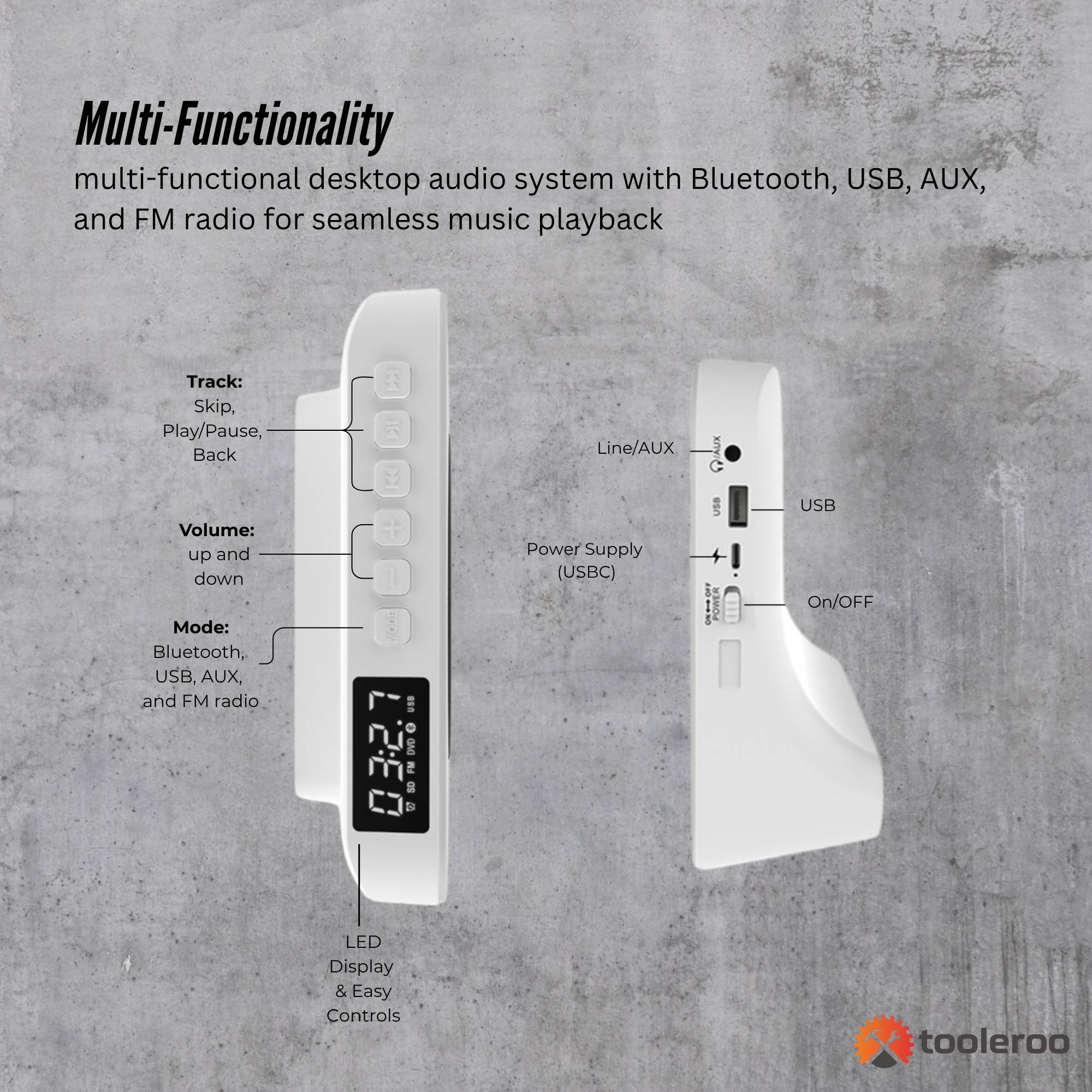 Tooleroo USB Rechargeable Desktop CD Player Speaker – Bluetooth Portable White