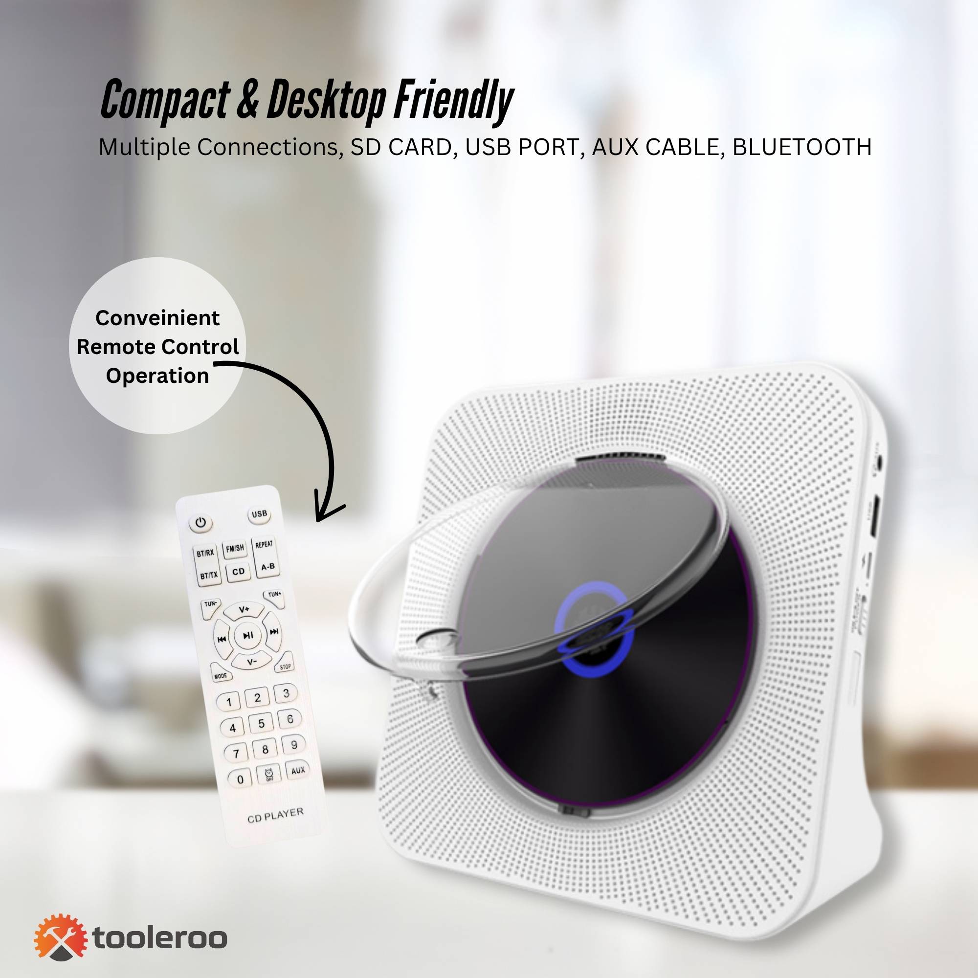 Tooleroo USB Rechargeable Desktop CD Player Speaker – Bluetooth Portable White