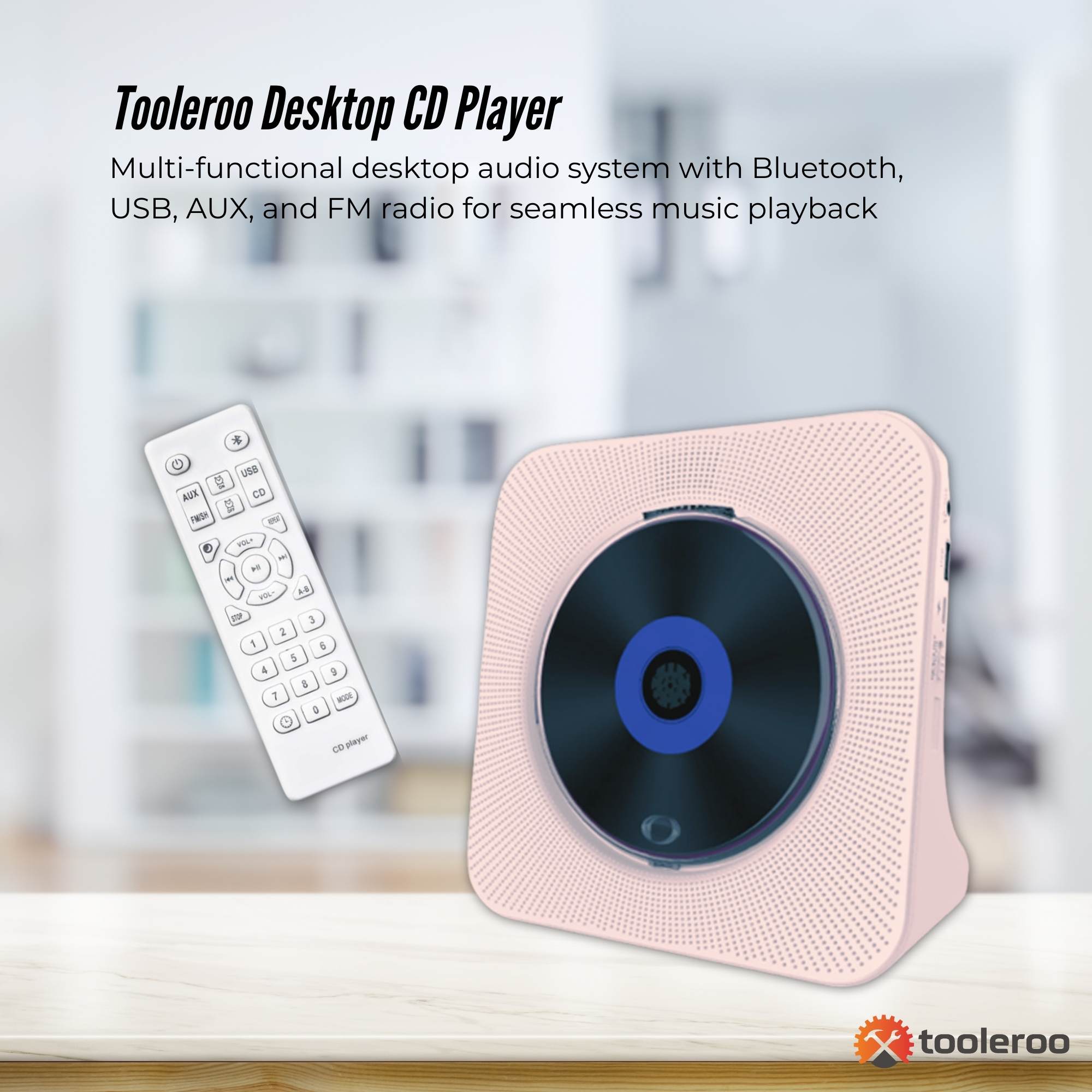 Tooleroo USB Rechargeable Desktop CD Player Speaker – Bluetooth Portable Pink