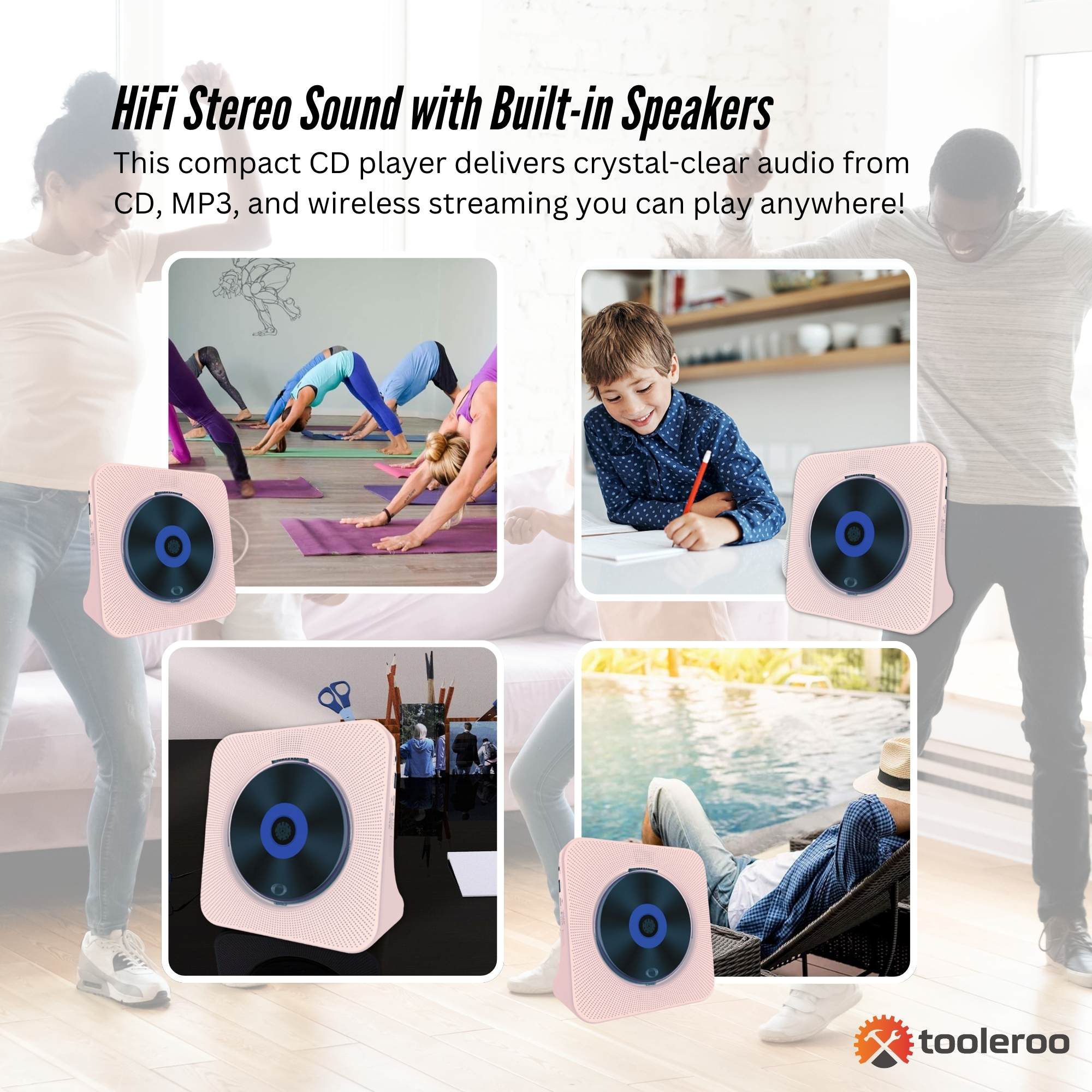 Tooleroo USB Rechargeable Desktop CD Player Speaker – Bluetooth Portable Pink