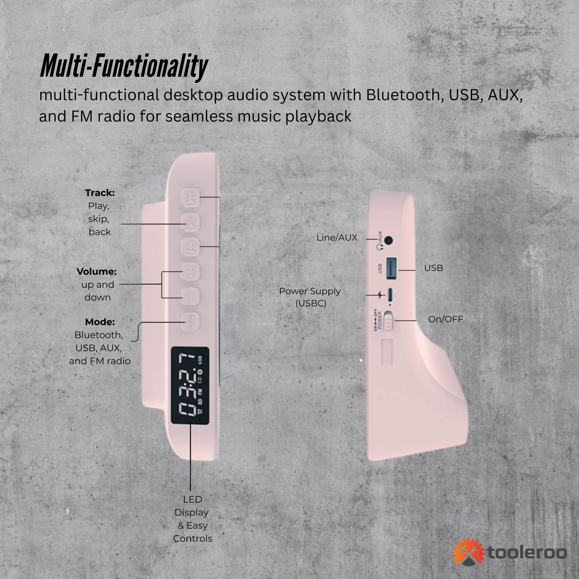 Tooleroo USB Rechargeable Desktop CD Player Speaker – Bluetooth Portable Pink