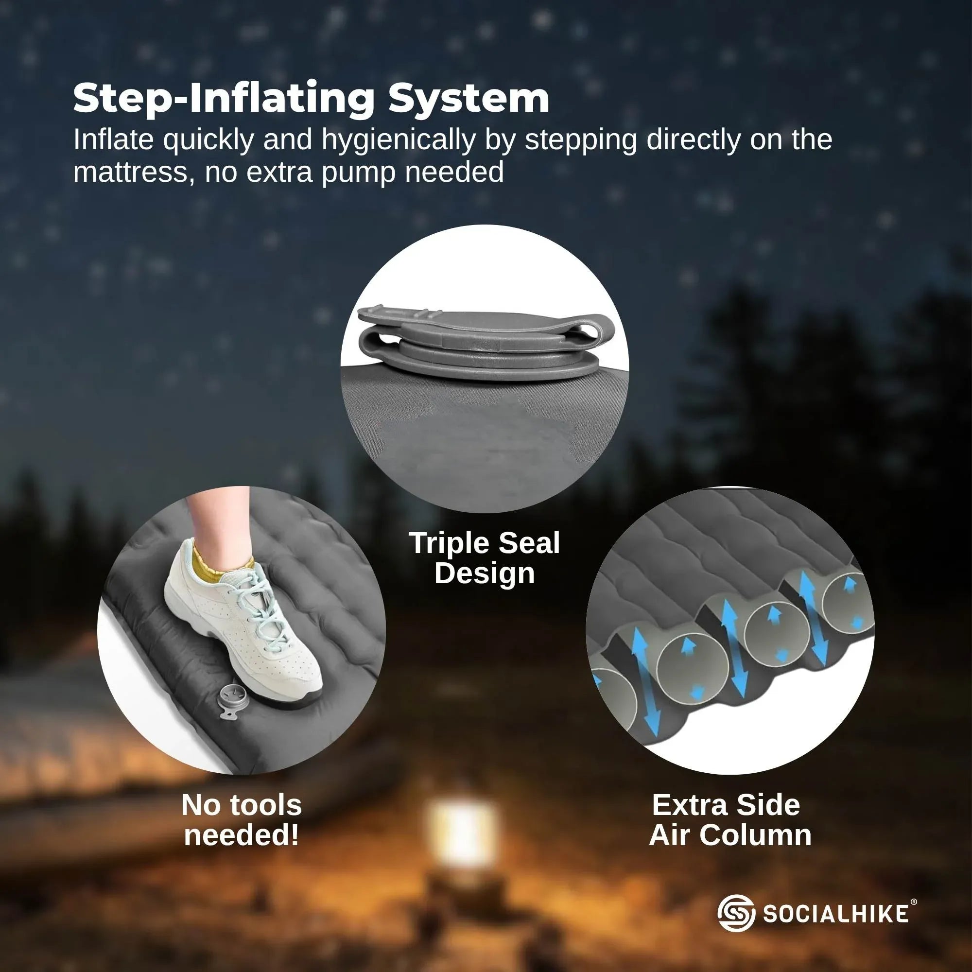 Social Hike Step-Inflating Camping Mattress Lightweight Waterproof Sleeping Grey Bedworld