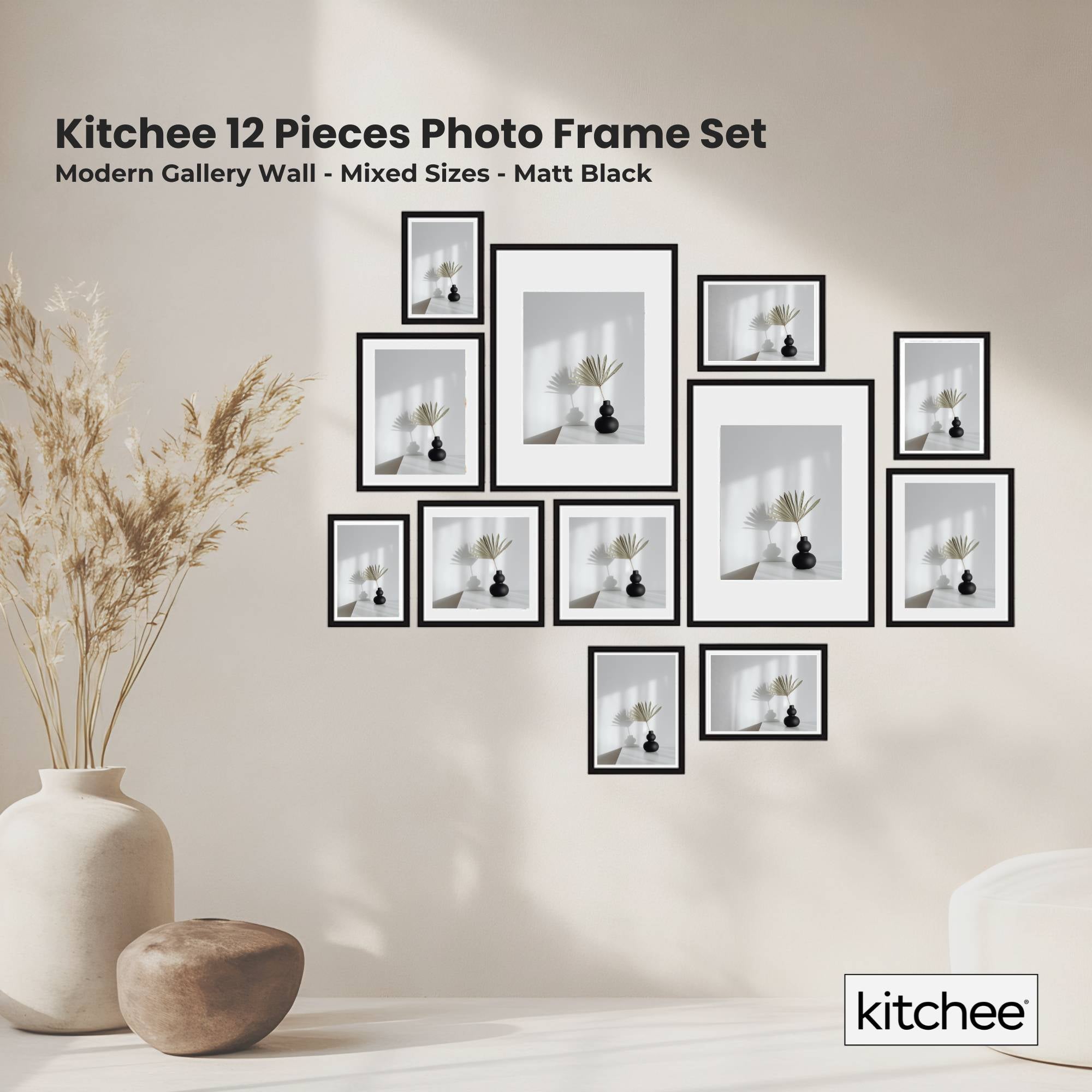 Kitchee 12 Pieces Photo Frame Set - Modern Gallery Wall Mixed Sizes Matt Black