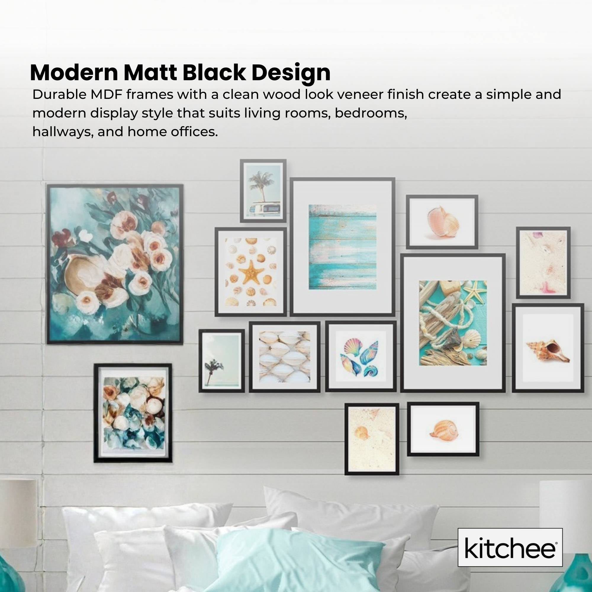 Kitchee 12 Pieces Photo Frame Set - Modern Gallery Wall Mixed Sizes Matt Black