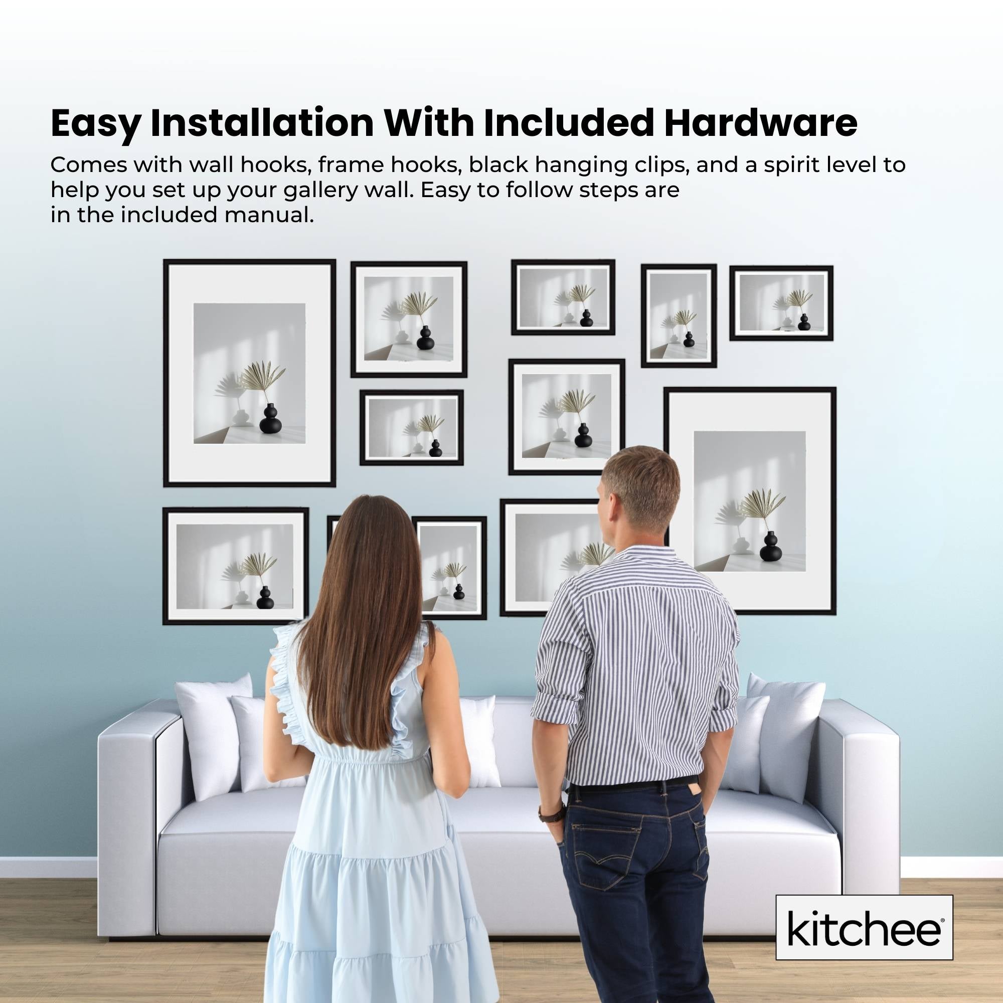 Kitchee 12 Pieces Photo Frame Set - Modern Gallery Wall Mixed Sizes Matt Black