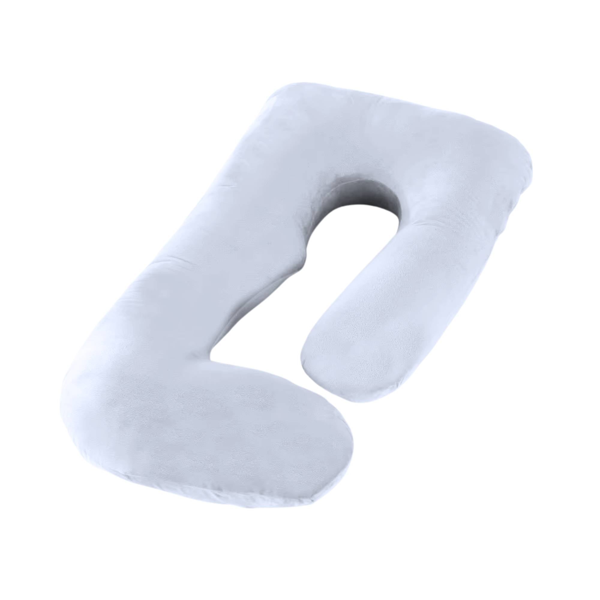 J-shaped maternity pregnancy pillow in light gray with contoured cutout center