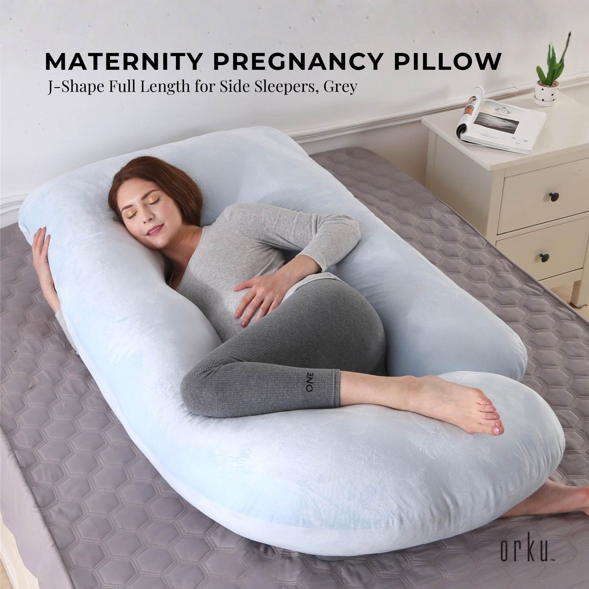 J-shaped maternity pregnancy pillow, light gray, supporting side-sleeping with leg area