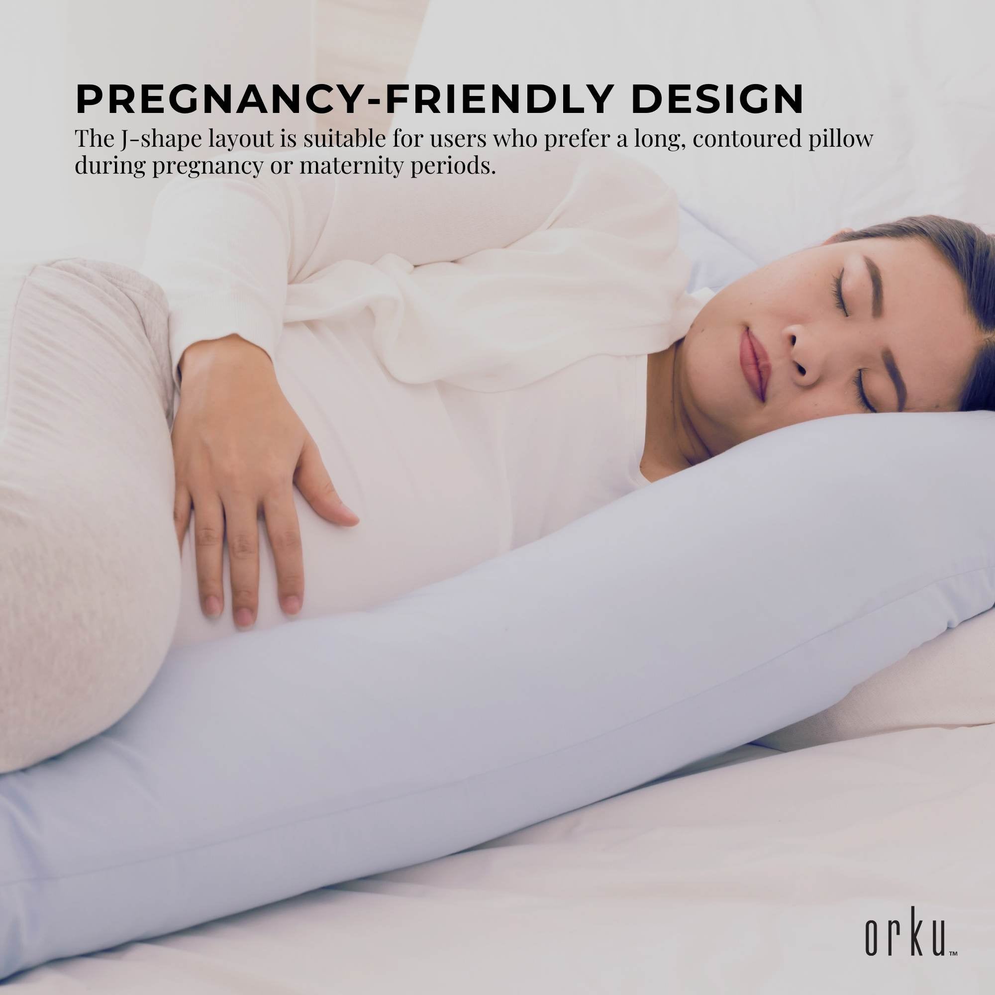 J-shaped maternity pregnancy pillow in light gray supporting a side-lying pose