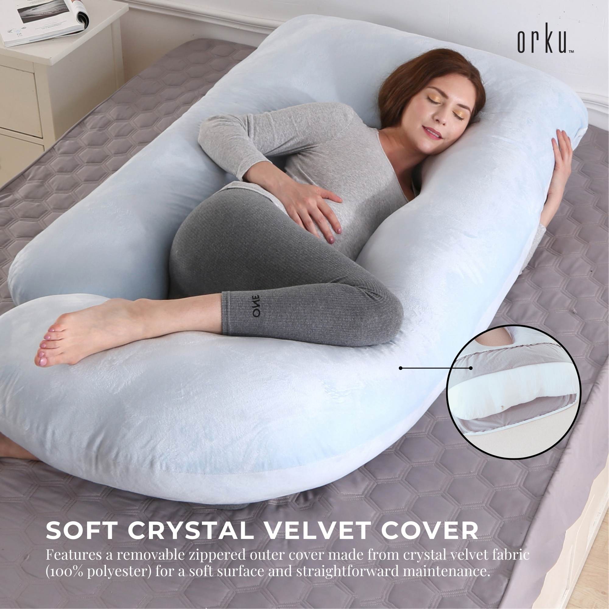 J-shaped maternity pregnancy pillow in light gray with zipper-cover detail inset