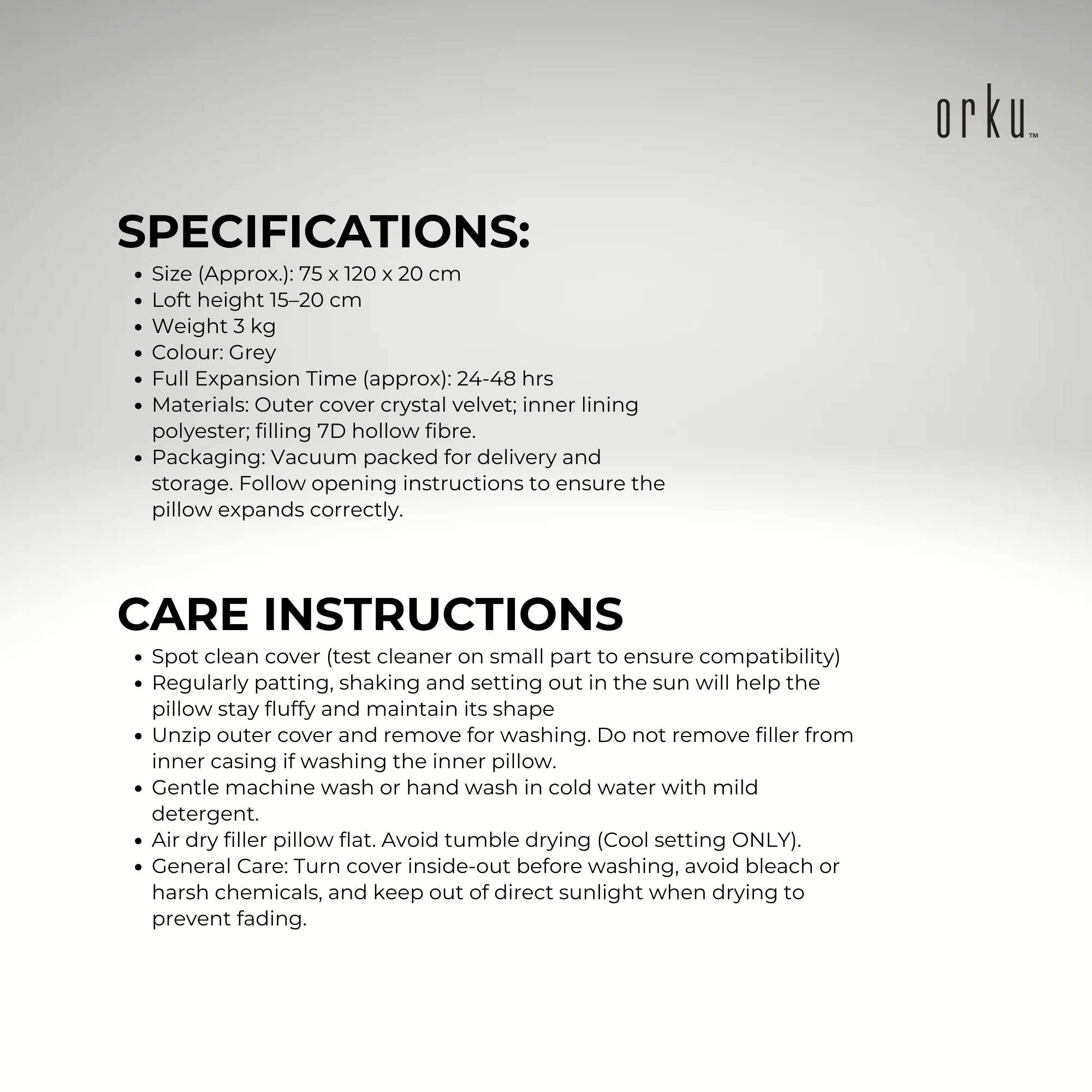 Maternity pregnancy pillow specifications and care instructions information panel