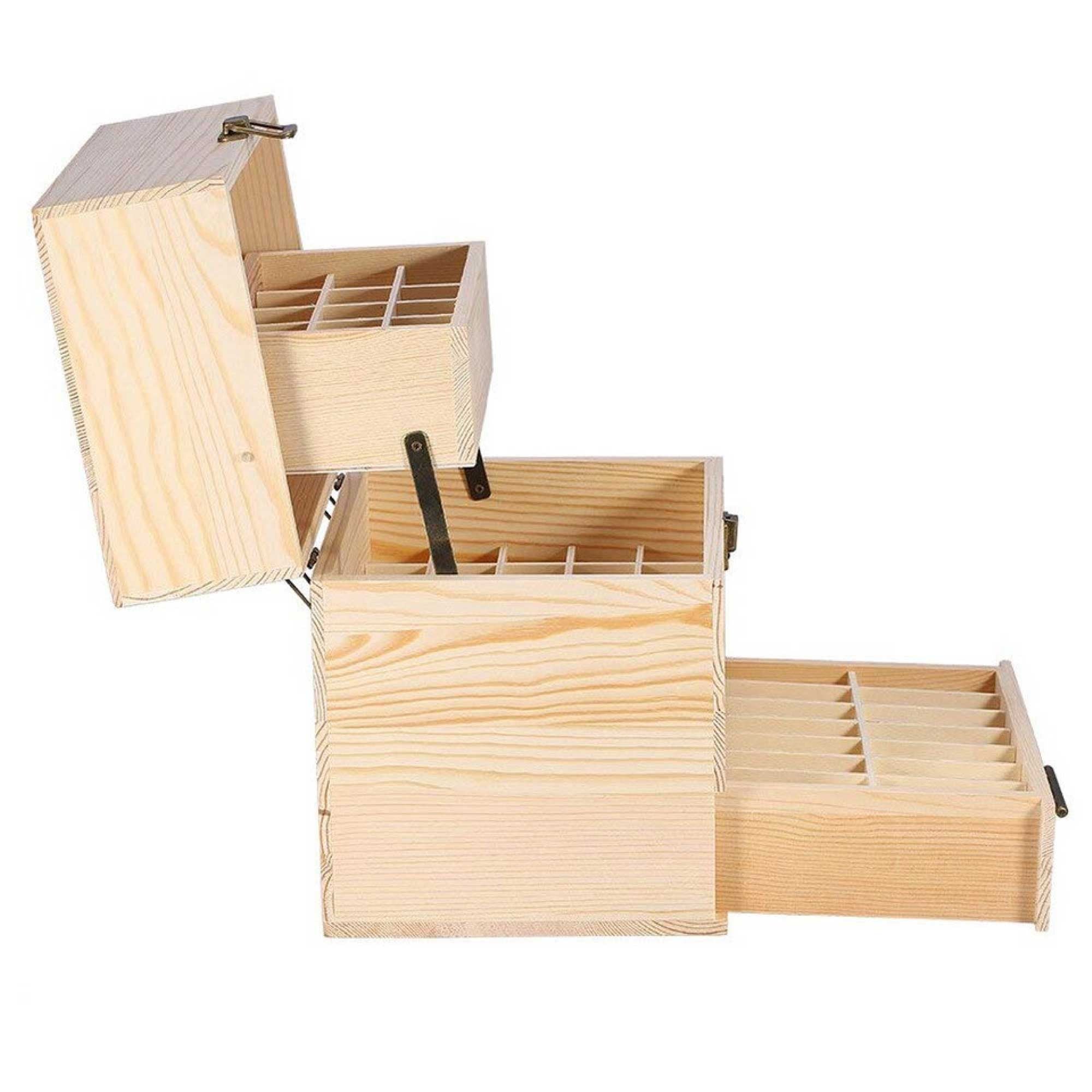 Wooden essential oil storage box with open lids showing top and side compartments