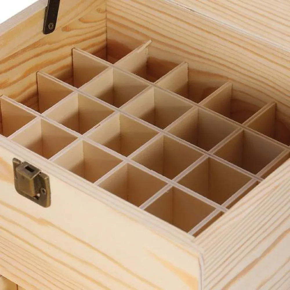 Wooden 3-tier essential oil storage box with open lid and grid compartments