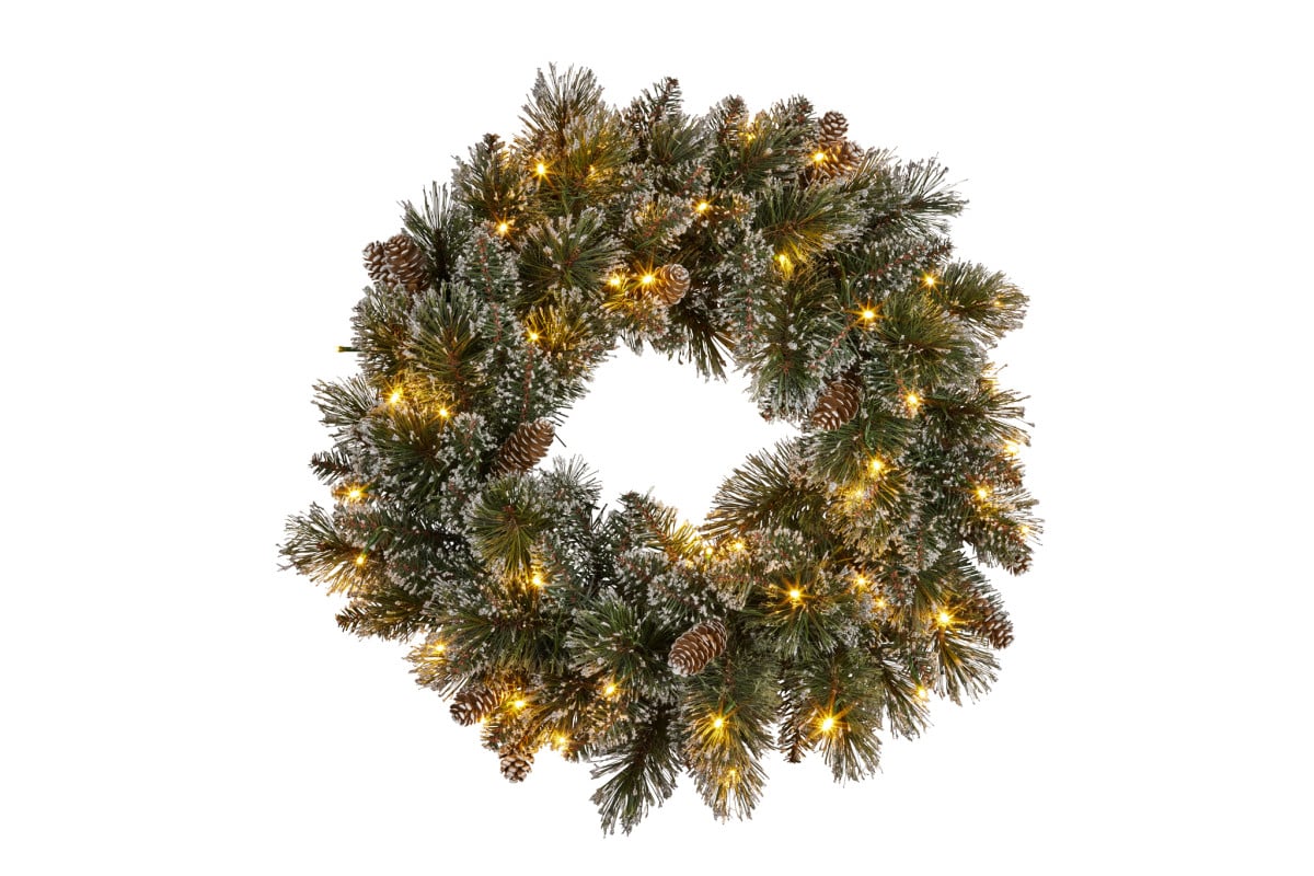 Christmas pine wreath ornament with warm white LED lights and pinecone accents