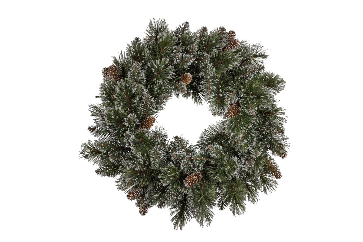 Christmas pine wreath ornament with pinecone accents, no lights visible