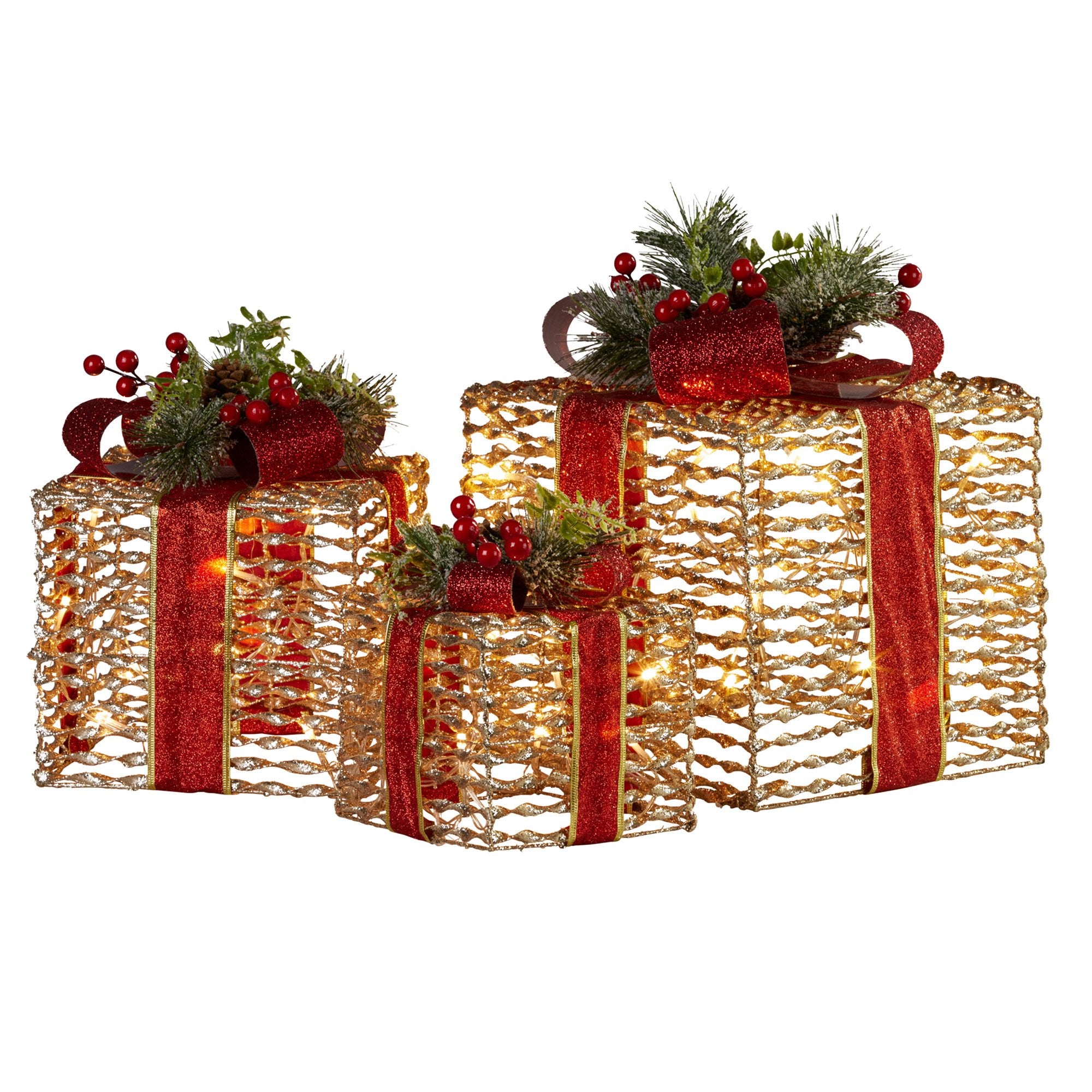 Set of 3 champagne gift boxes with red ribbon bows, pine greenery and warm LED lights