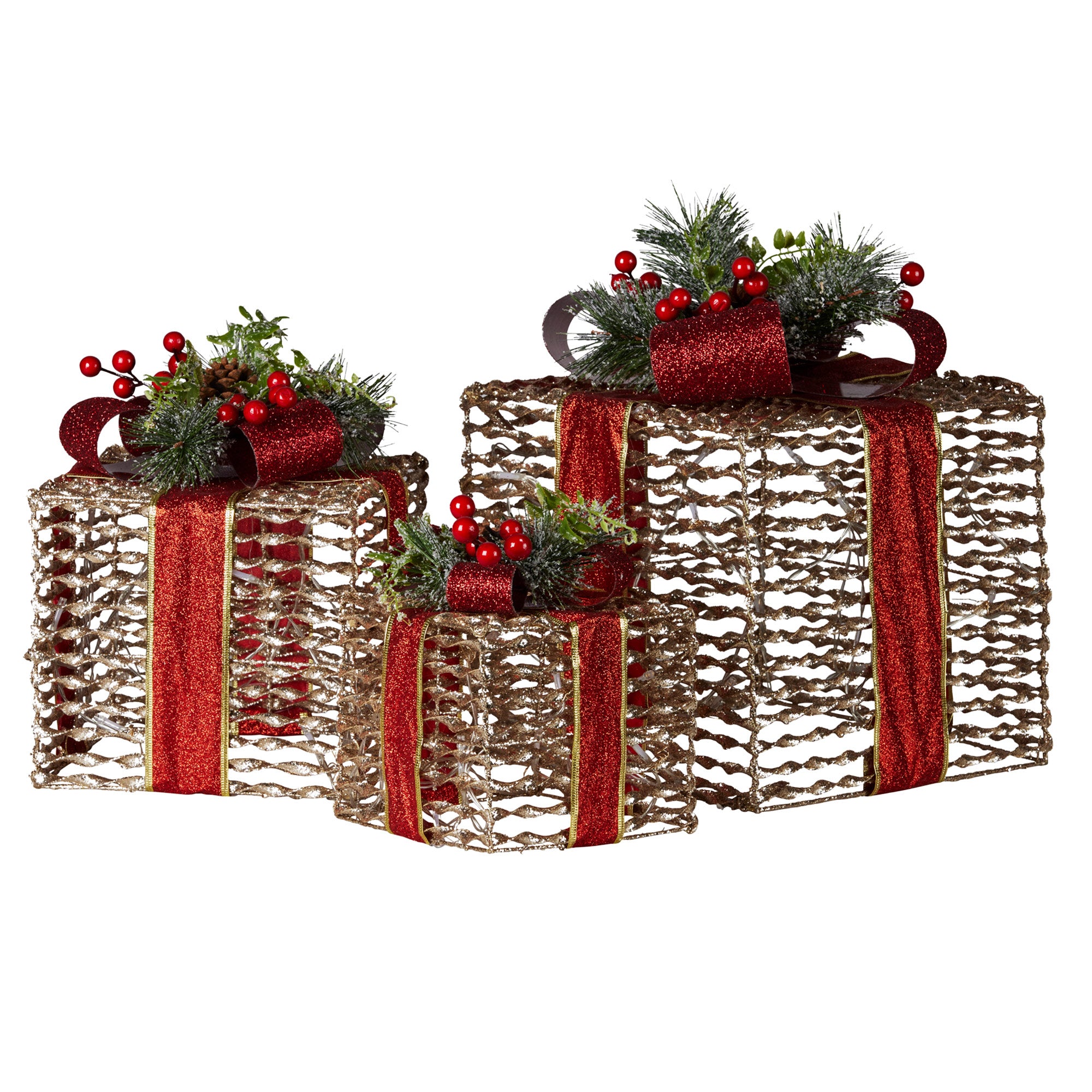 Set of 3 champagne mesh gift boxes with red ribbon bows, pine decor and warm LED lights