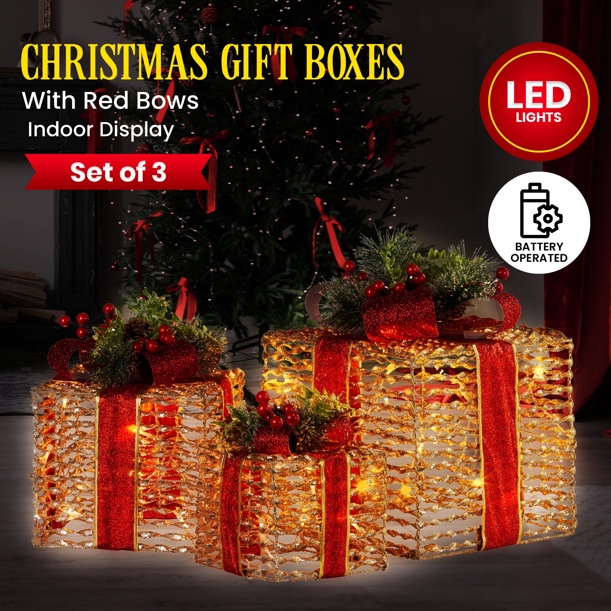 Christmas gift boxes with red ribbon bows, pine greenery and warm LED lights, set of 3