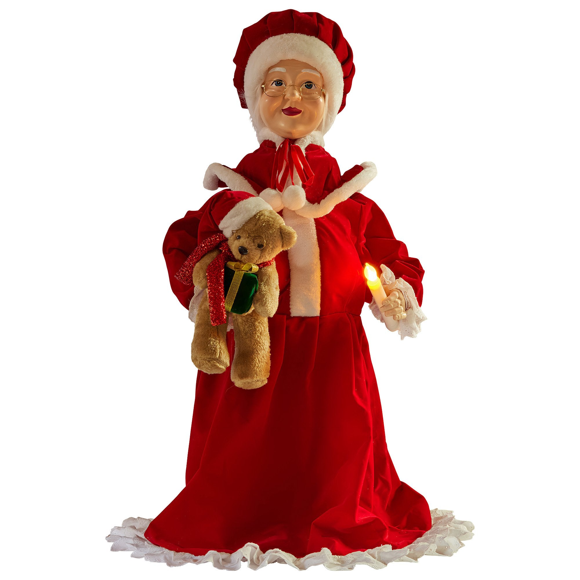 Mrs Claus Christmas doll ornament, red dress with glowing candle and teddy bear