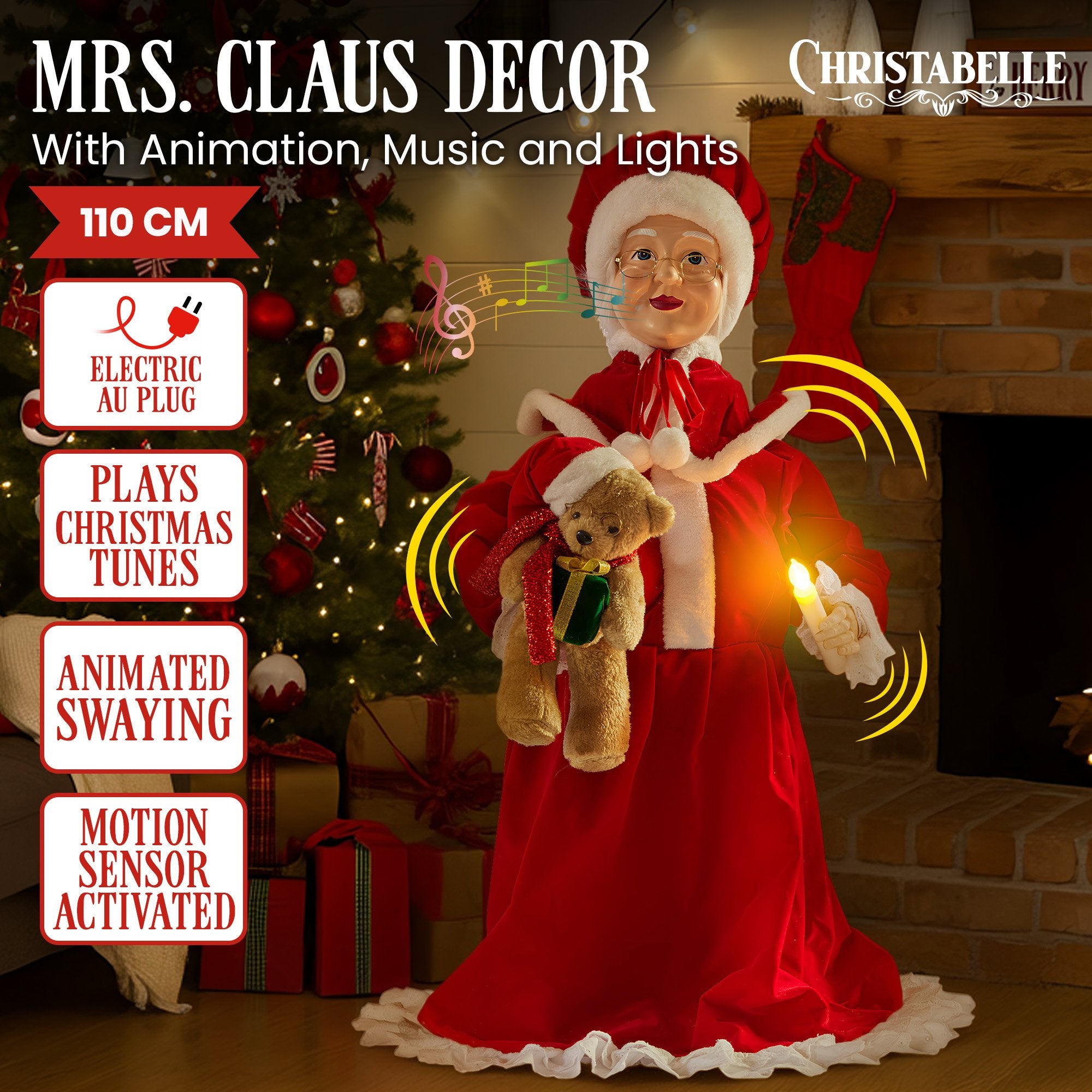 Mrs Claus Christmas doll ornament in red dress with glowing candle and teddy bear