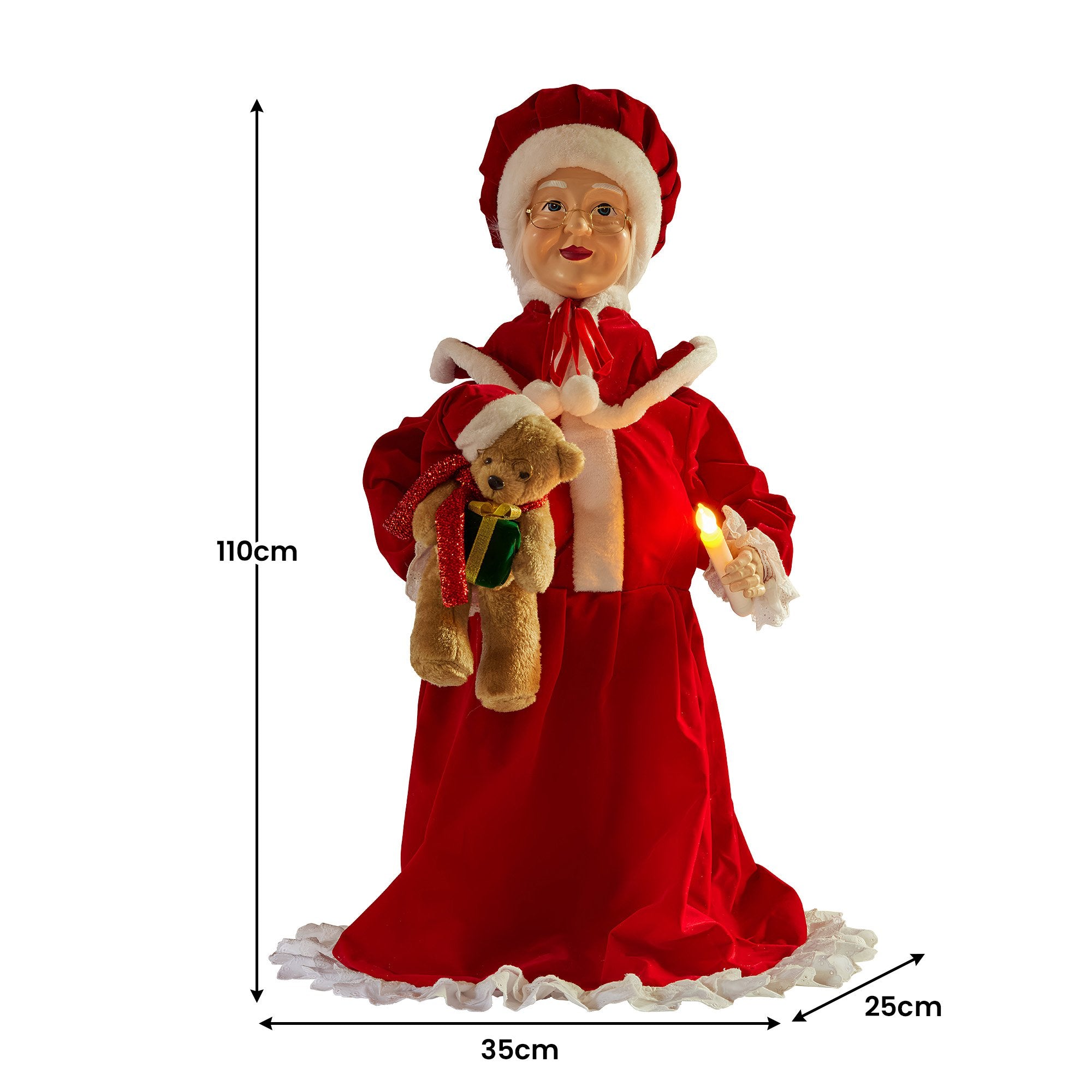 Mrs Claus doll ornament with red hat and white fur trim, glowing candle and teddy bear