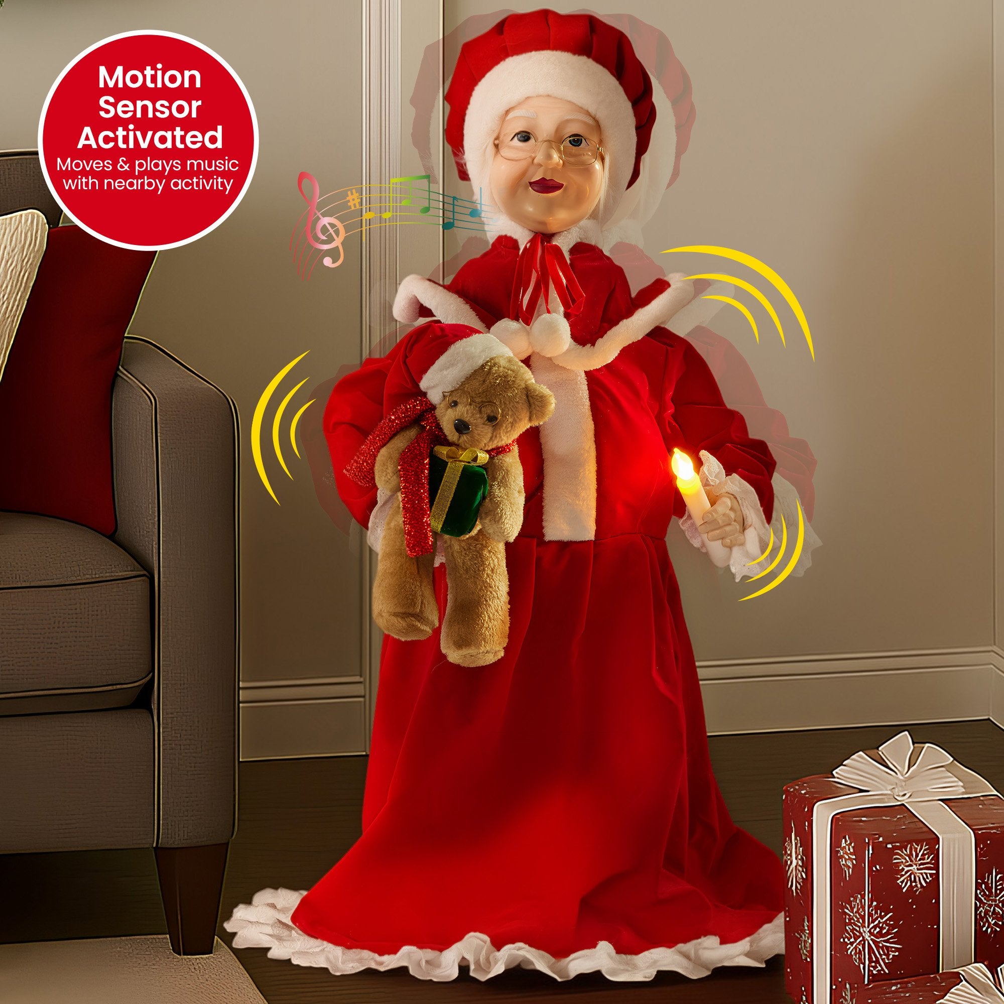Mrs Claus Christmas doll ornament in red dress, glowing candle light and teddy bear