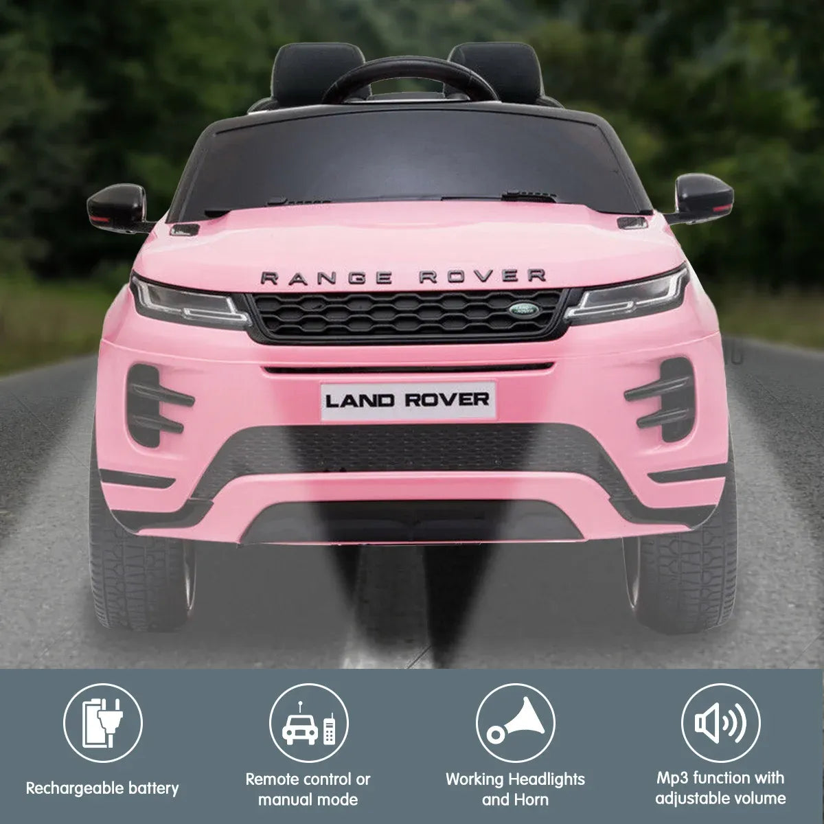 Front view of pink kids electric ride-on car with grille, headlights, and black bumper