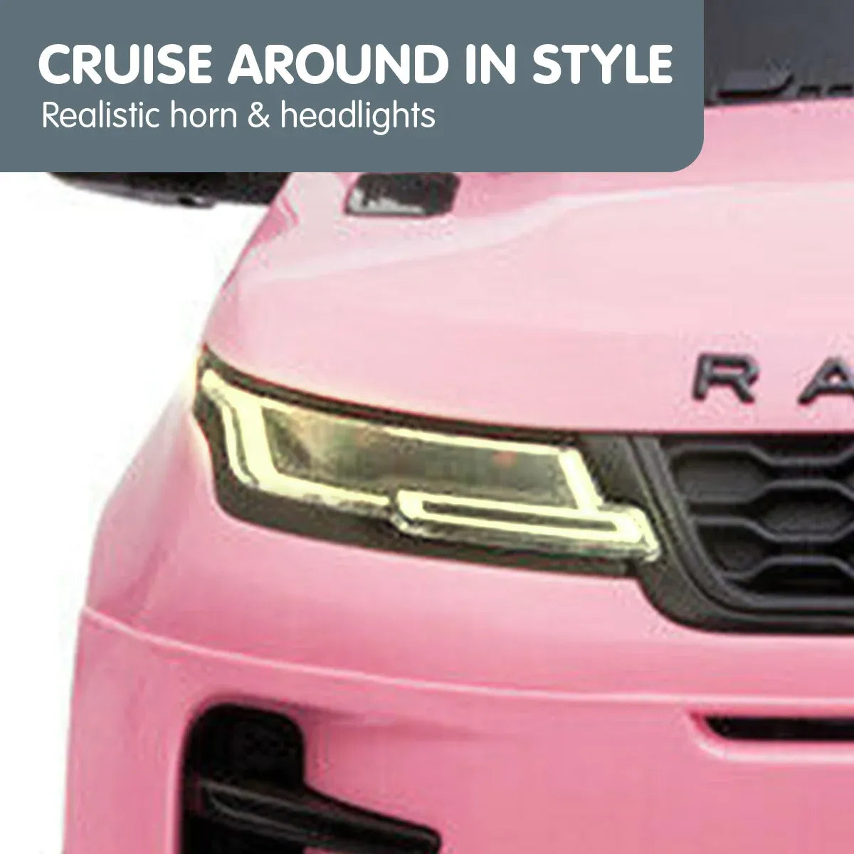Pink ride-on car front headlight detail with grille and LED-style light strip