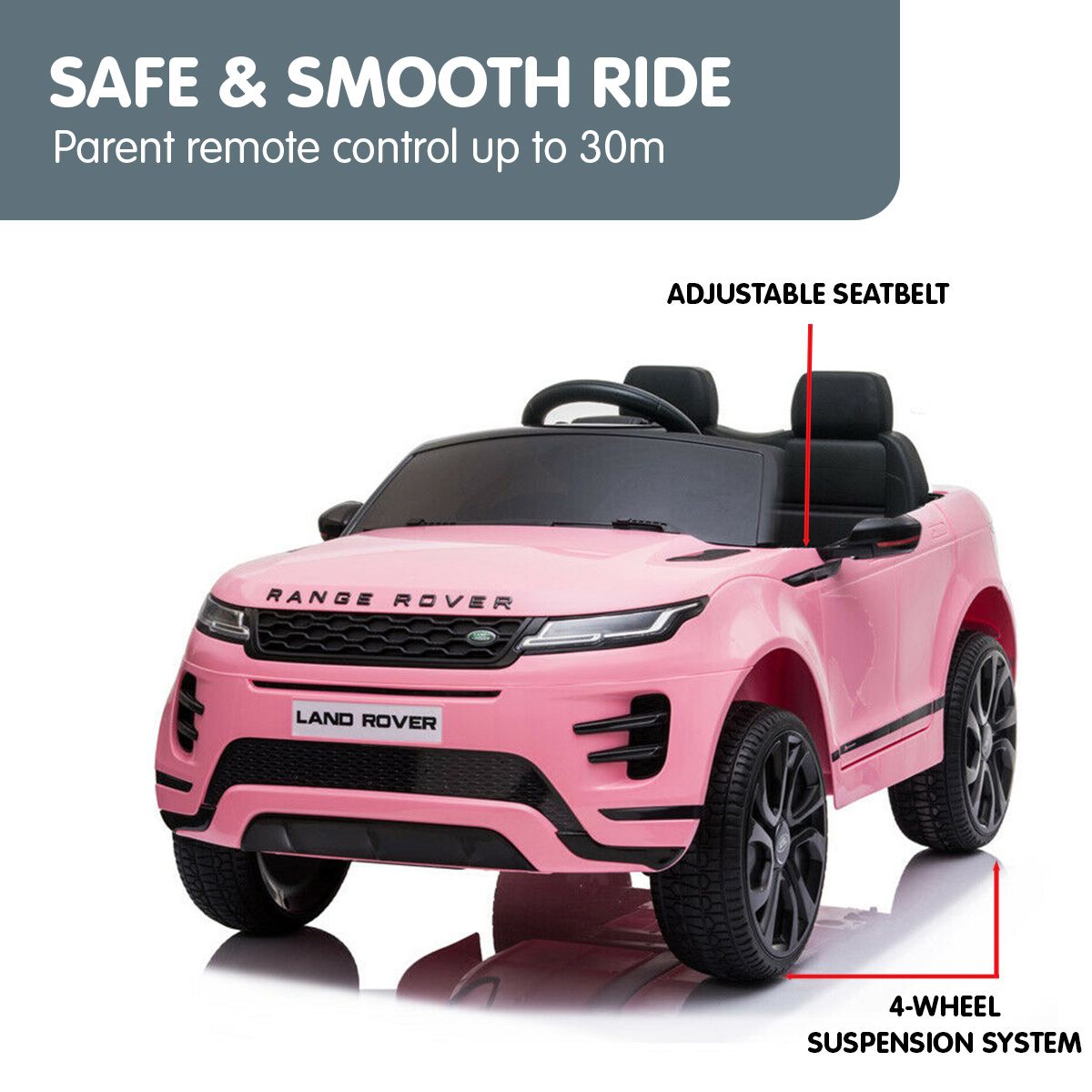 Pink ride-on car with adjustable seatbelt, black seats, and 4-wheel suspension