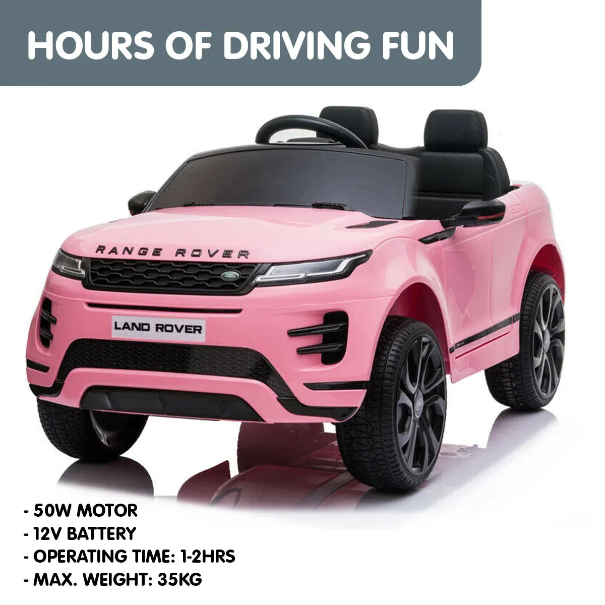 Pink kids electric ride-on car side view with black wheels and front lights