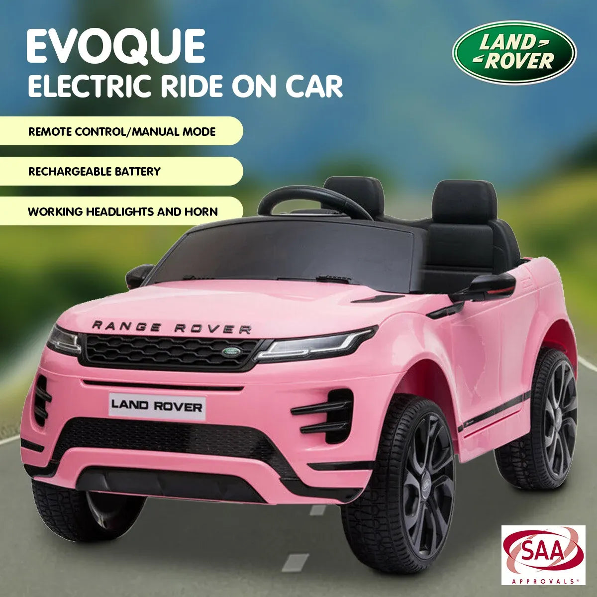 Pink kids electric ride-on car with black roof, seats, and grille front