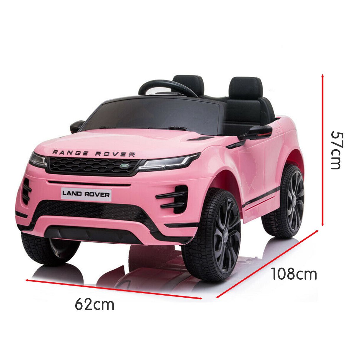 Pink ride-on car dimensions view showing length and height with black wheels