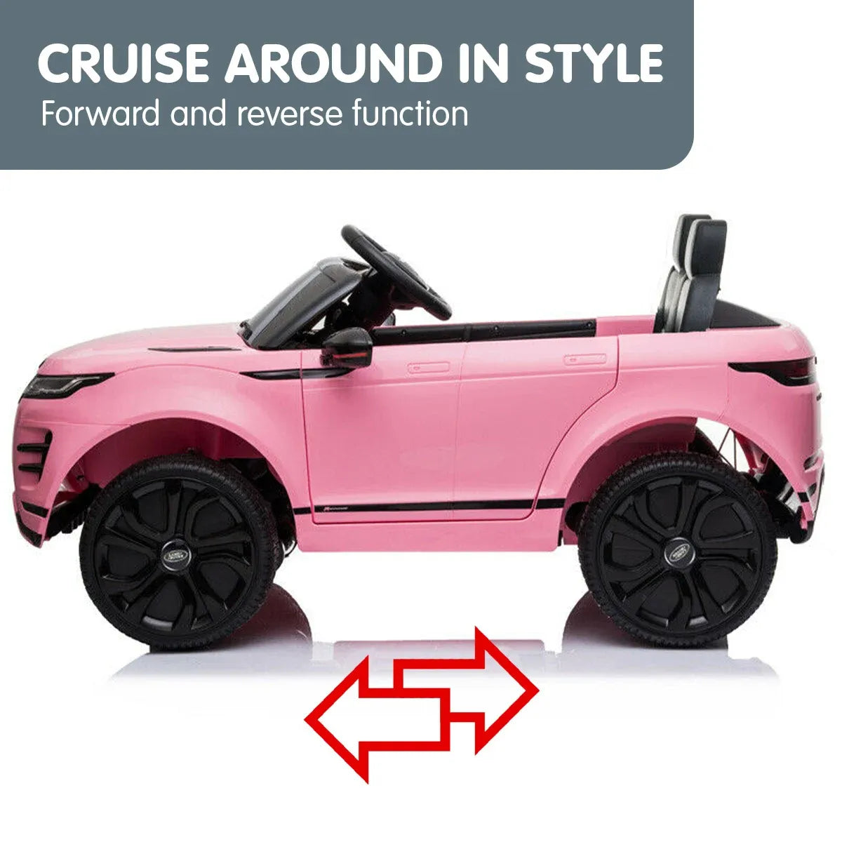 Pink kids ride-on car left side with forward and reverse direction arrows