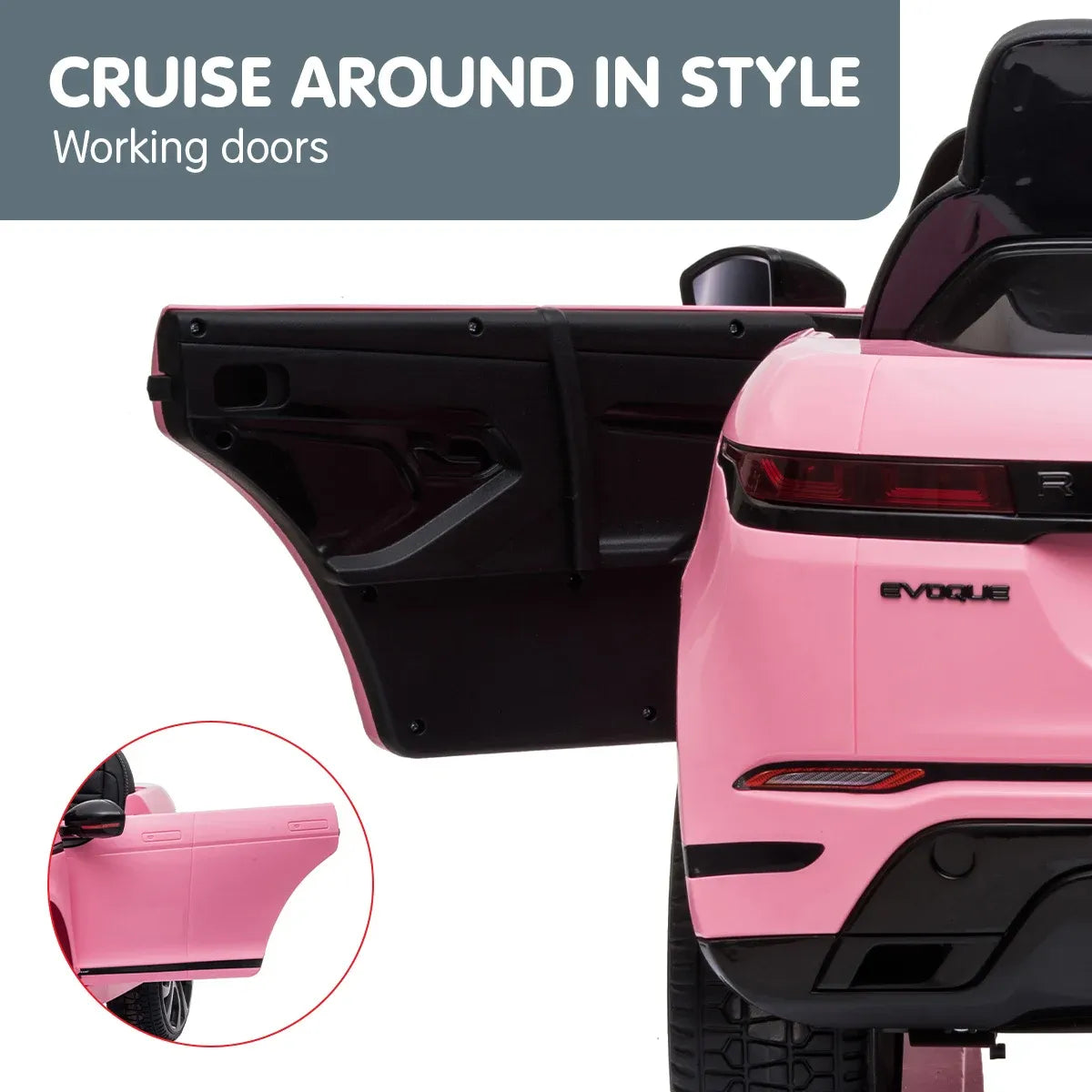 Pink ride-on car with open working door and black interior panel
