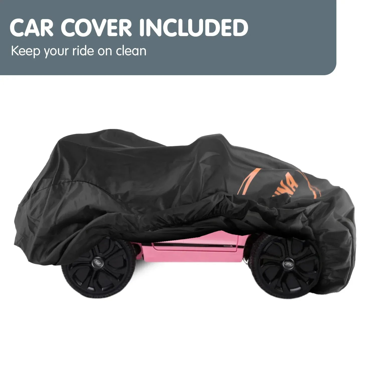 Black cover on pink kids electric ride-on car with wheel cutouts