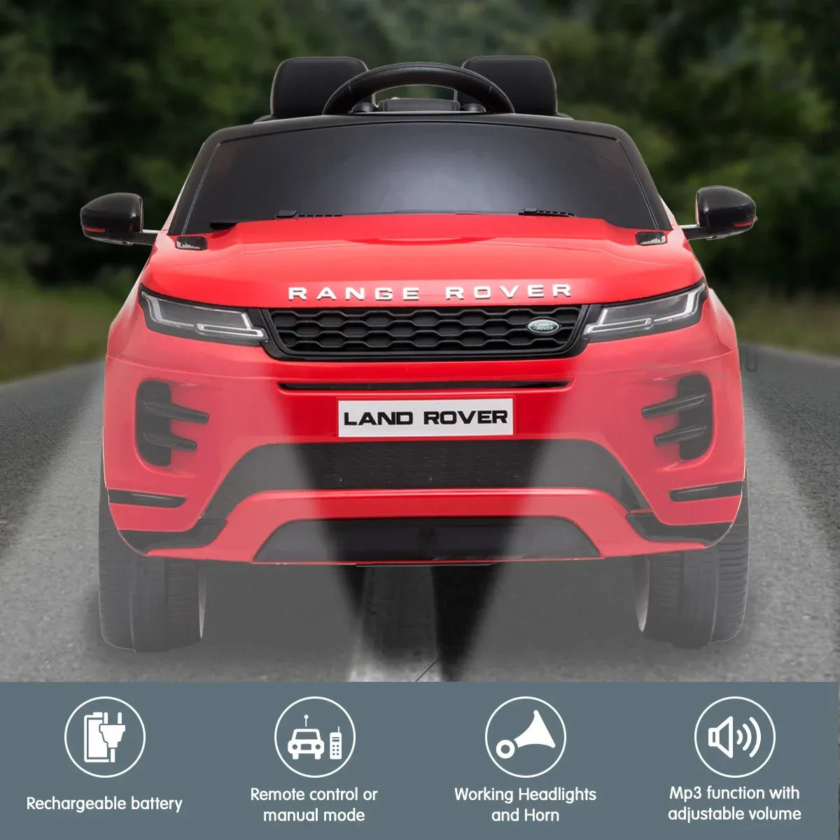 Red kids electric ride-on car front view with Land Rover plate and LED-style lights