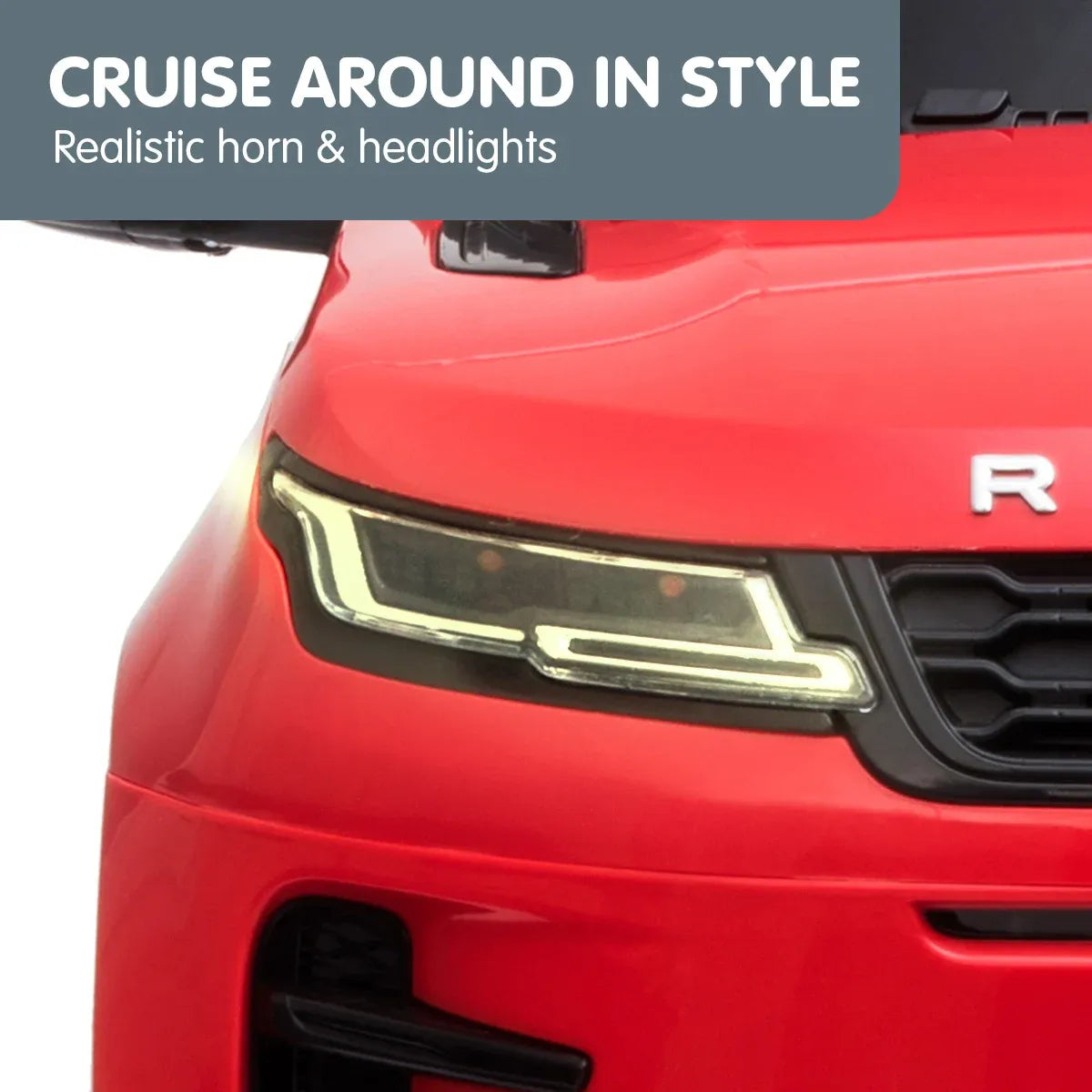 Red kids electric ride-on car headlight and grille detail with LED-style strips
