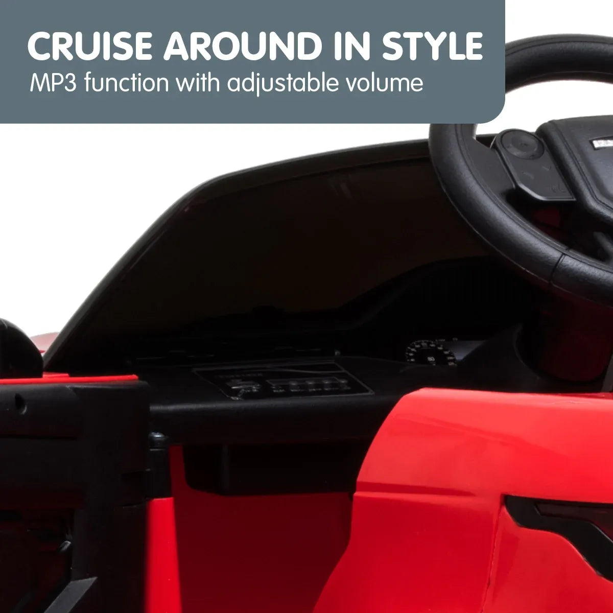 Red kids electric ride-on car interior with black dashboard and steering wheel
